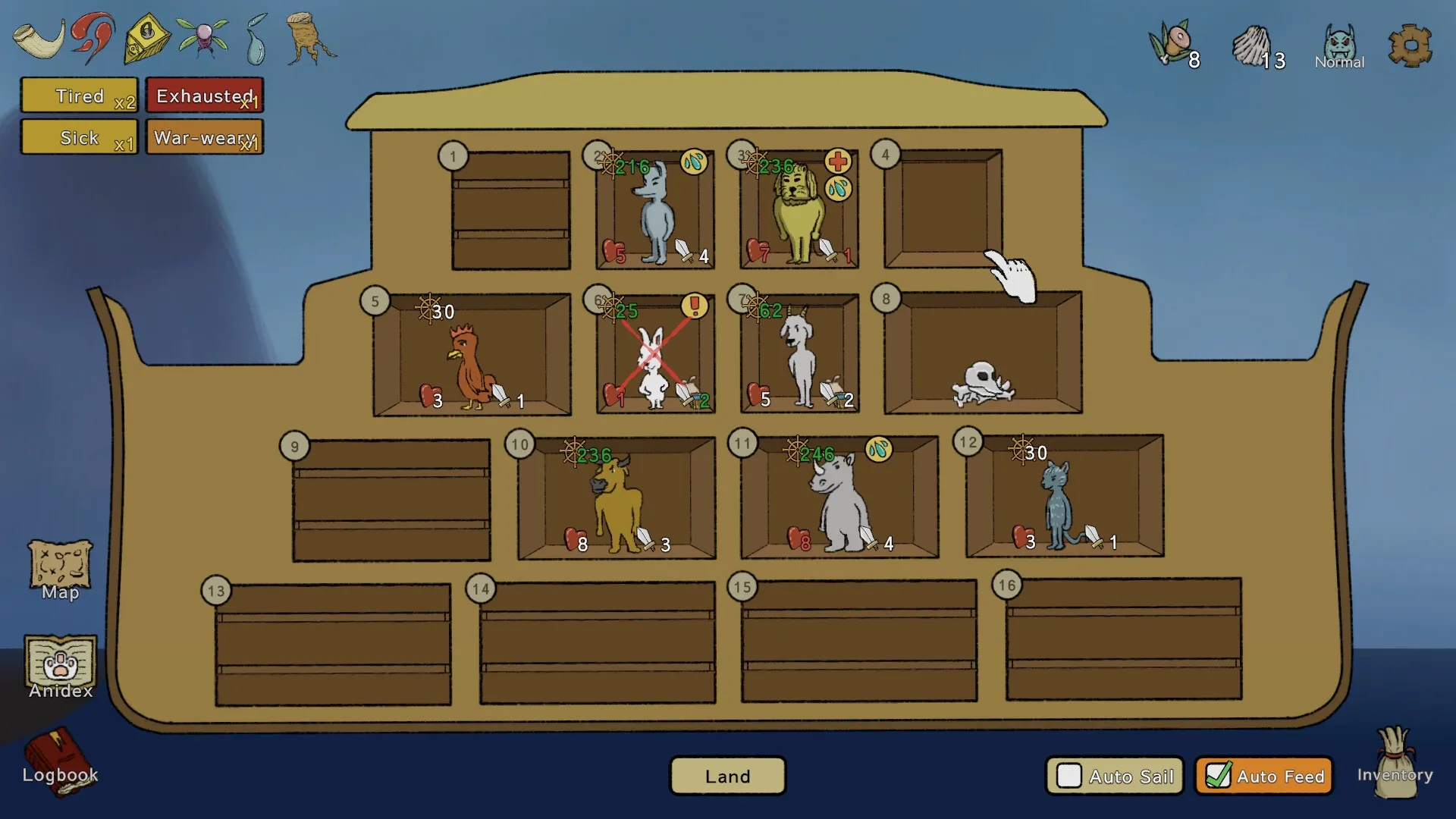 Noah's Dilemma: Animal placement on ark with status indicators and auto-sail options in ship interface