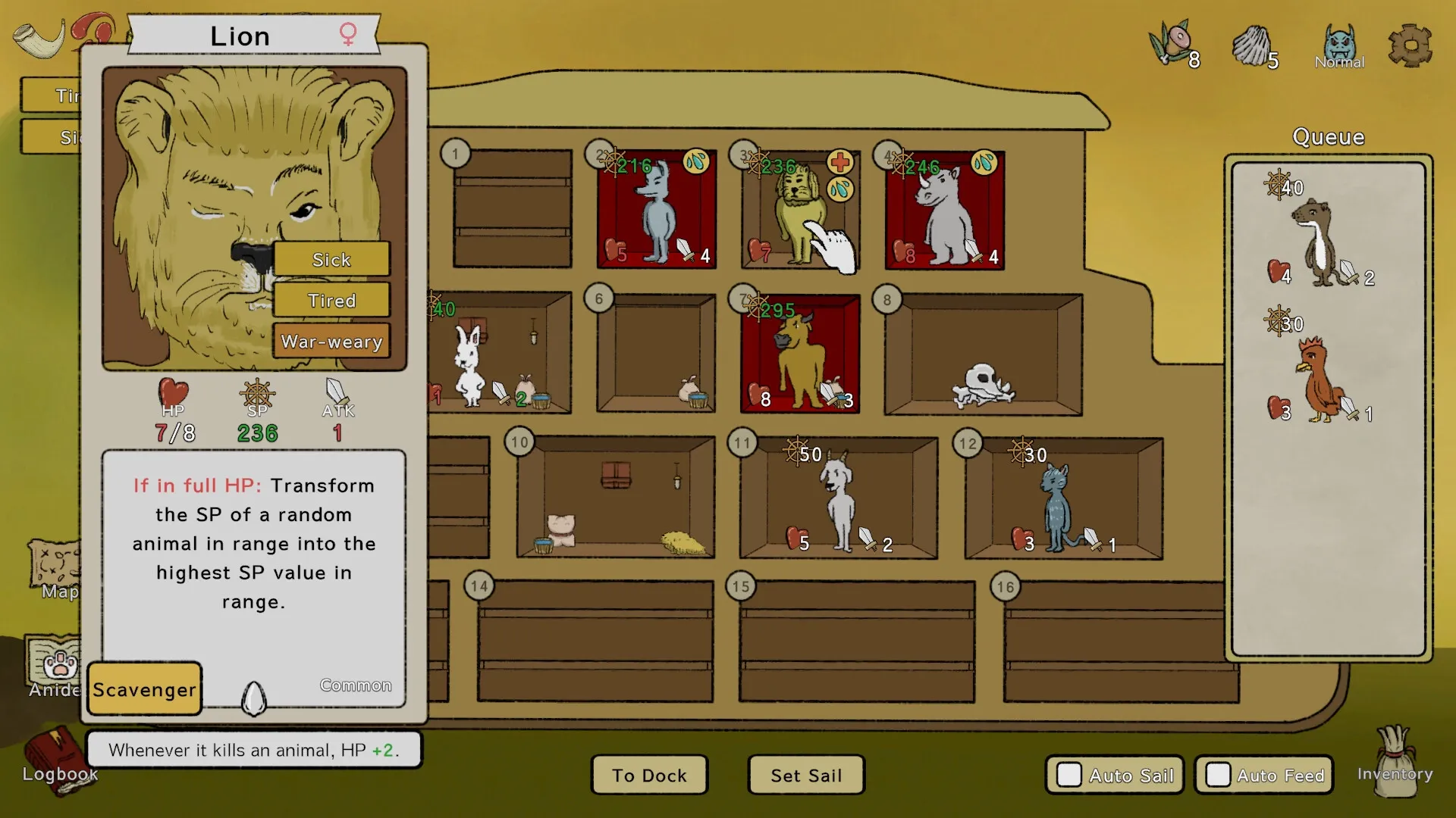 Noah's Dilemma: Lion character status with health details in ark's cabin management interface
