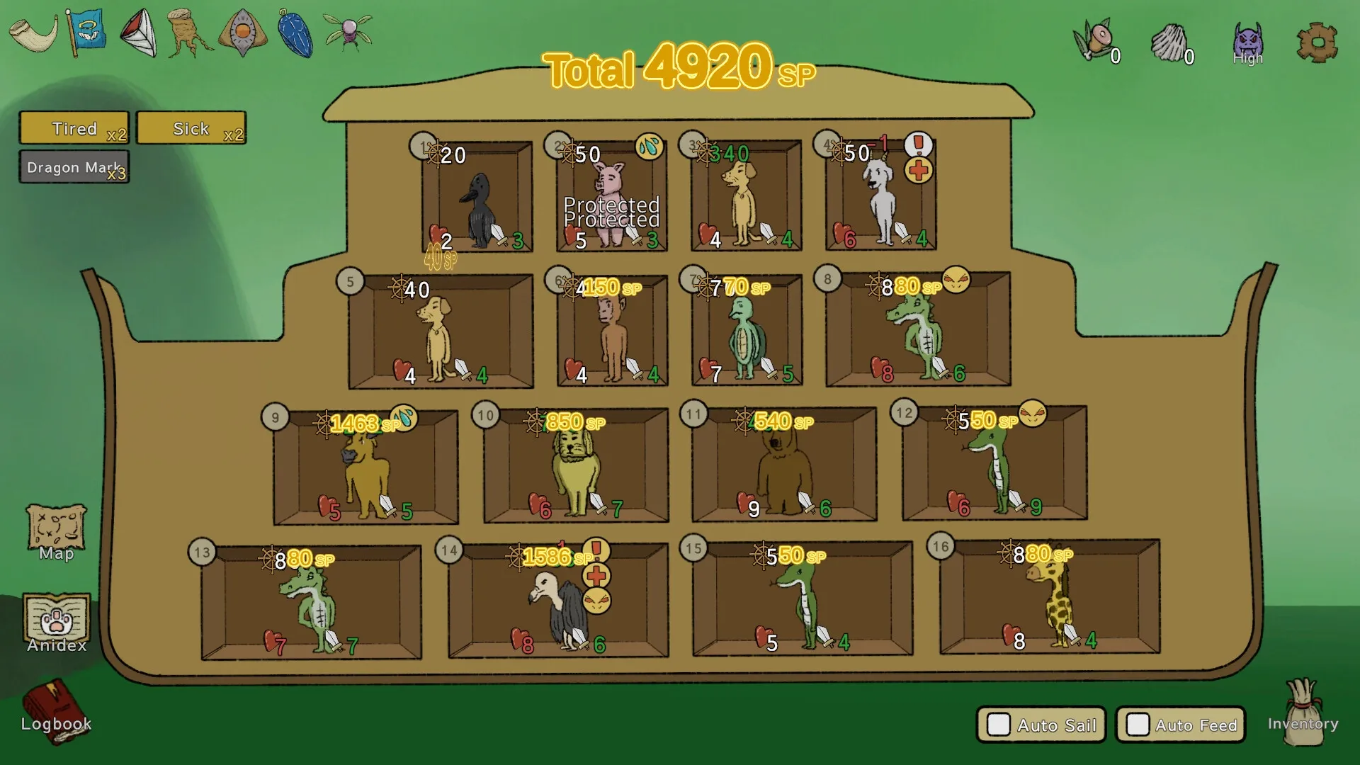 Noah's Dilemma: Animal selection screen on ark with different species and skill points displayed