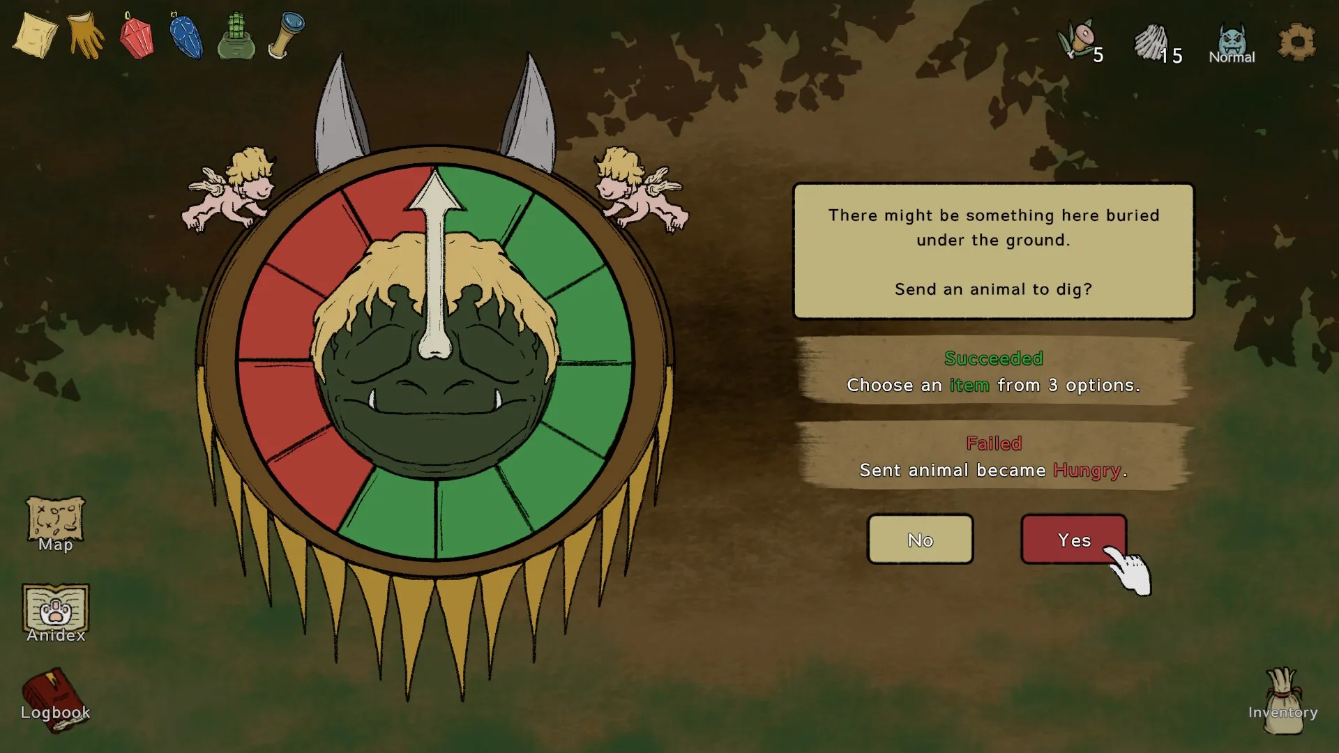 Noah's Dilemma: Decision wheel with cherubs and options to send animal to dig in forest environment