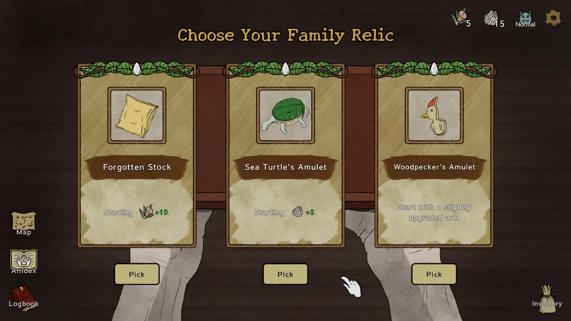 Noah's Dilemma: Selecting a family relic from options including Forgotten Stock and Sea Turtle's Amulet.