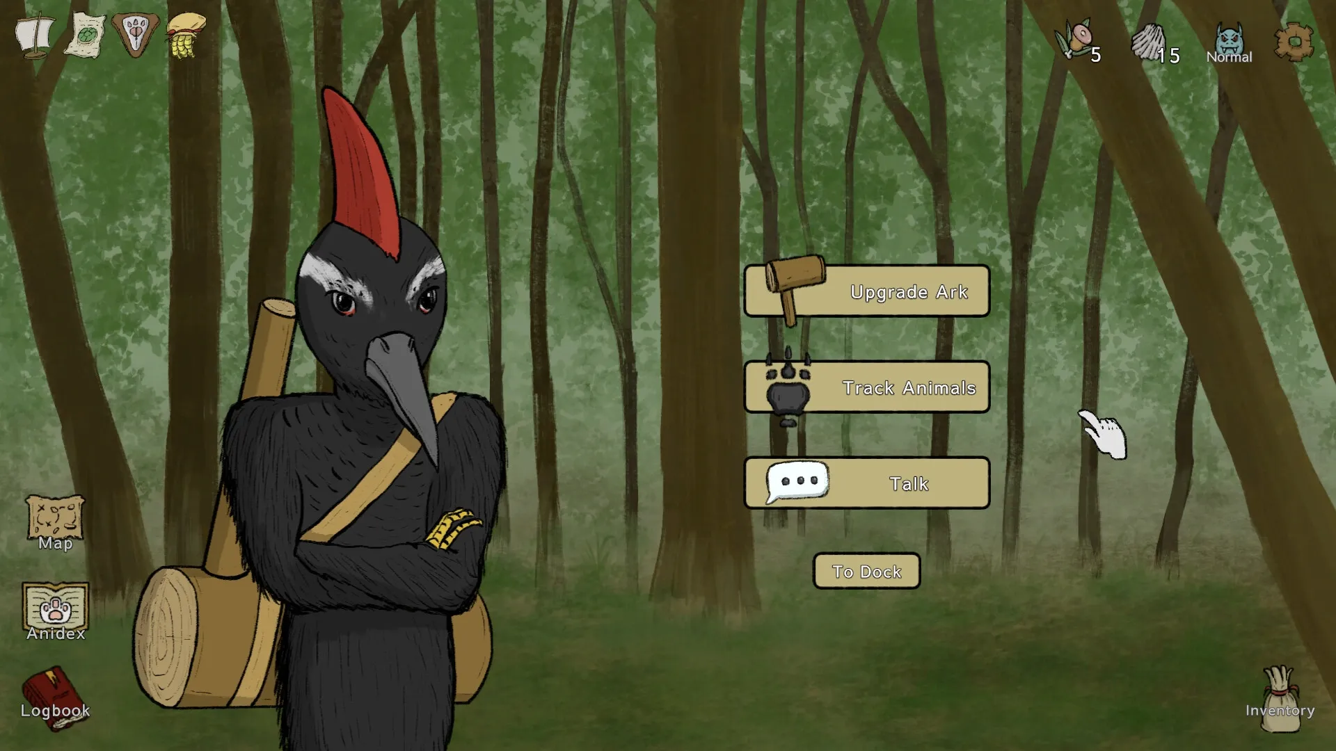 Noah's Dilemma: Woodpecker character with menu options in a forest setting