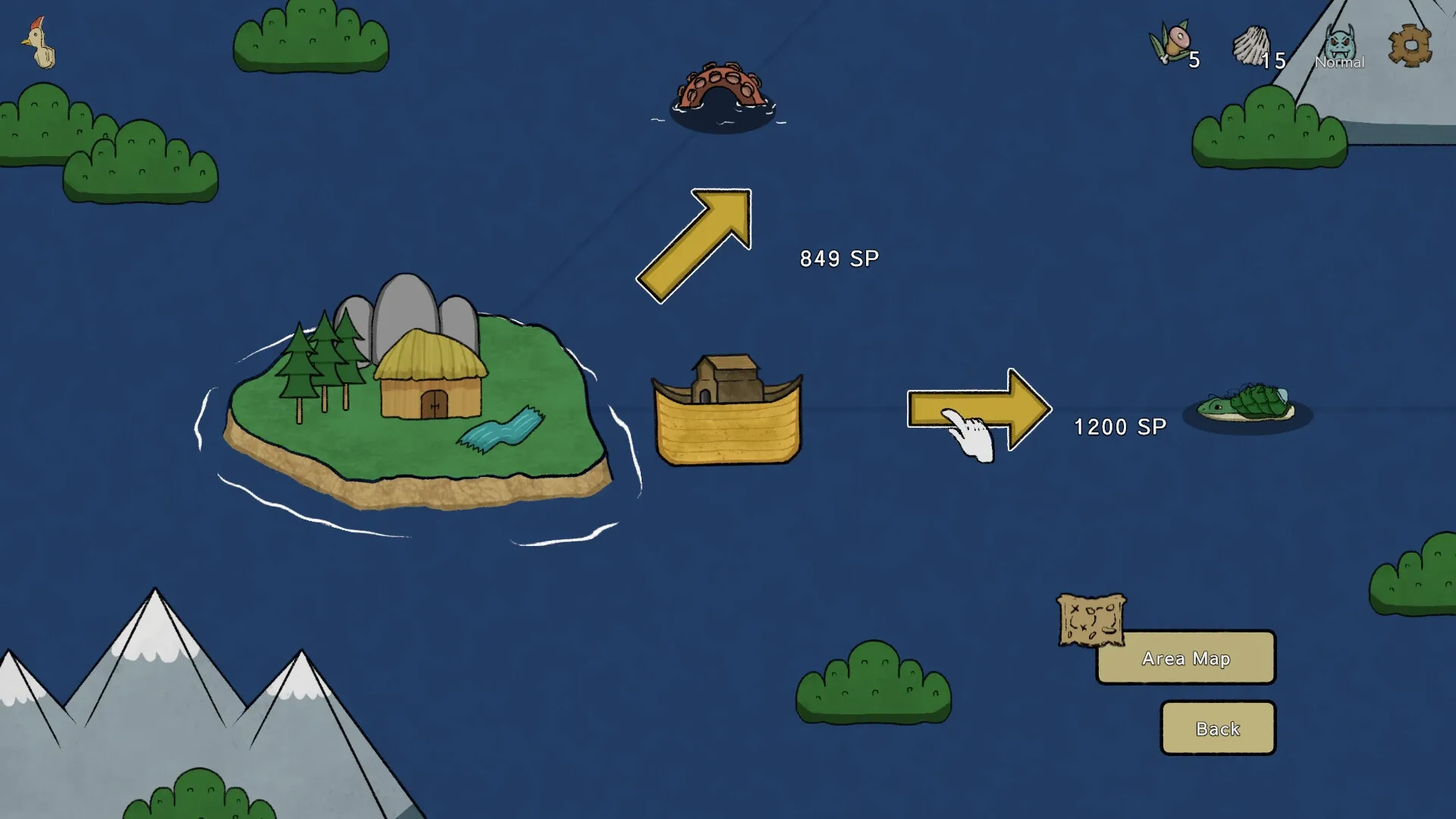 Noah's Dilemma: Navigating ark towards island with SP cost indicators and turtle enemy on world map