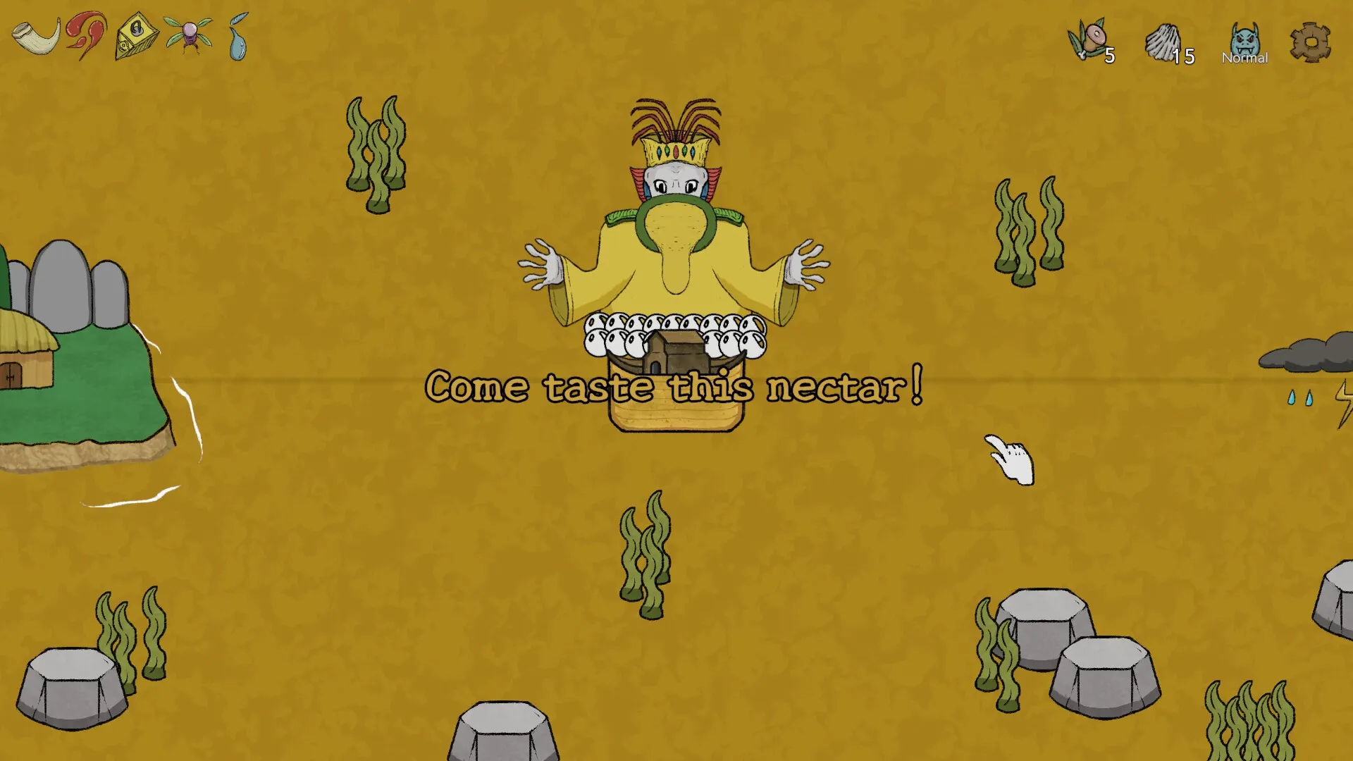 Noah's Dilemma: Dialogue with a mysterious figure in yellow robe on a sea map with island and rocks