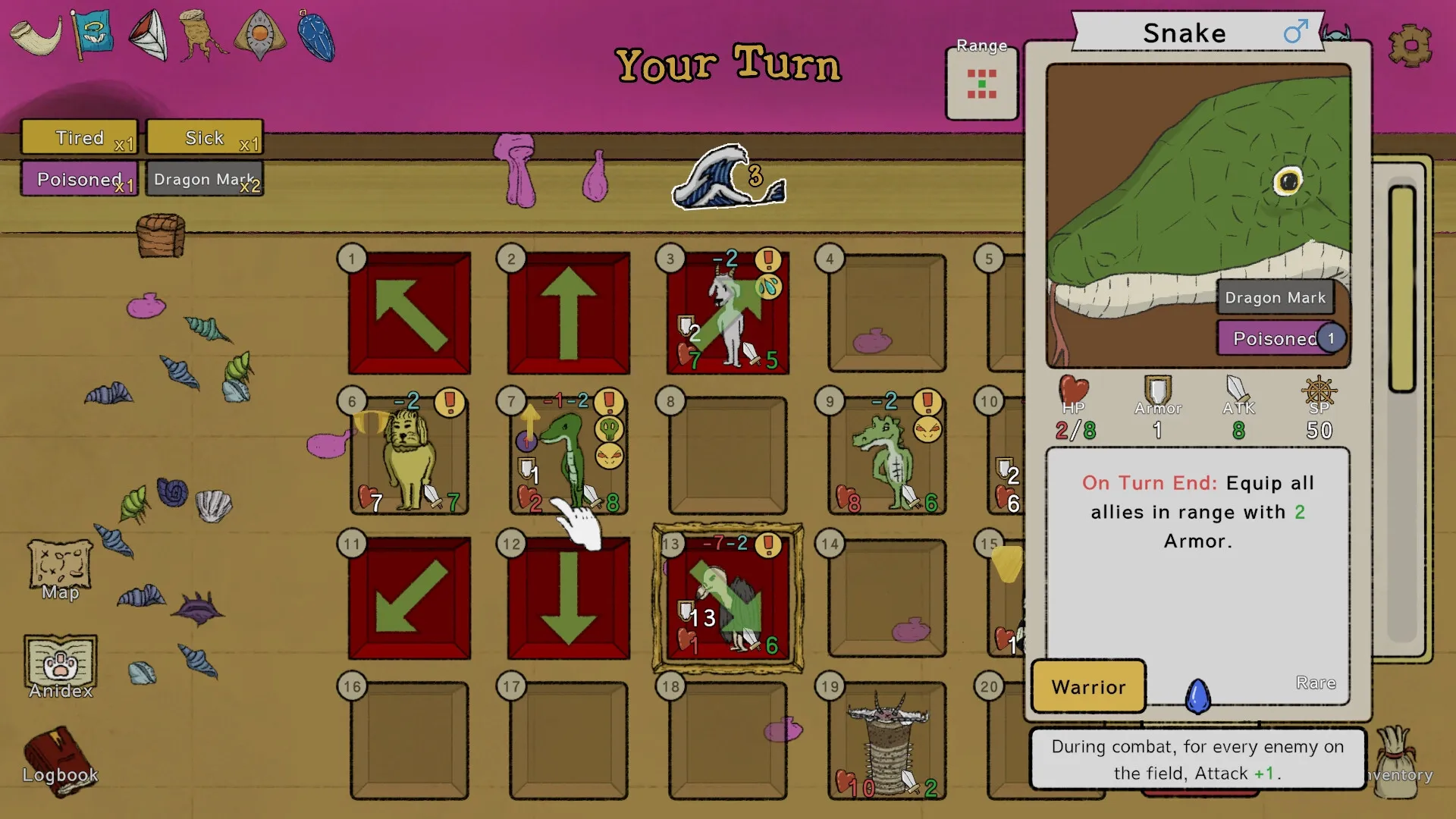 Noah's Dilemma: Tactical grid with animal sailors and snake card details in turn-based strategy battle.