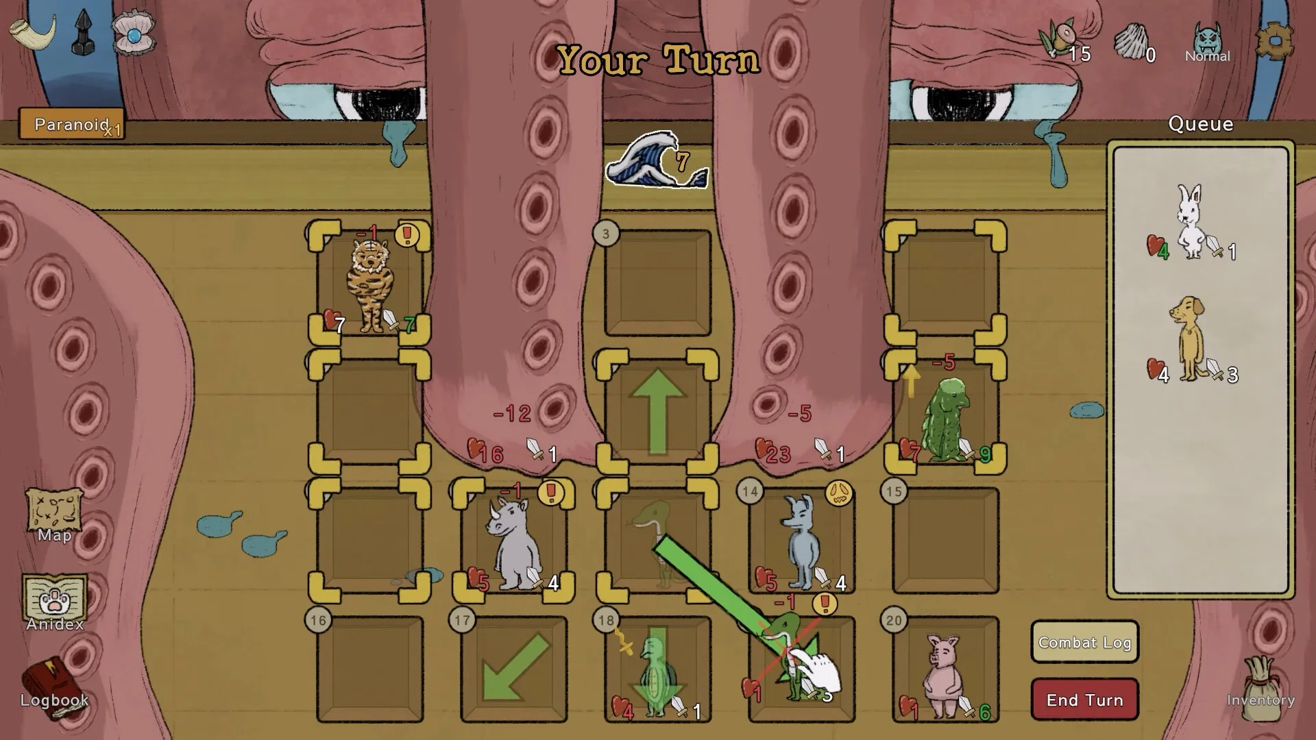 Noah's Dilemma: Tactical grid with animal sailors and tentacles in battle phase on ship's deck