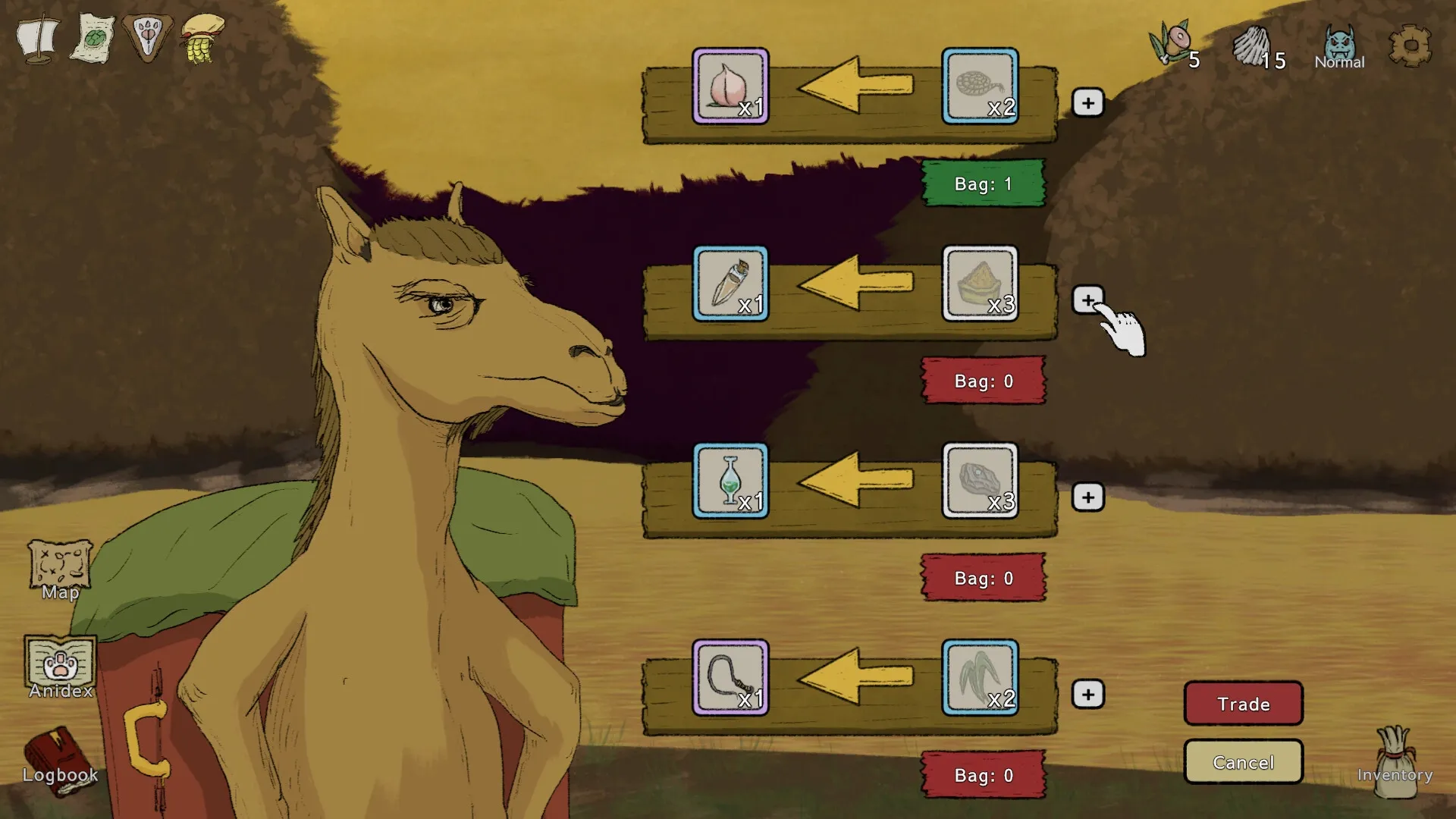 Noah's Dilemma: Camel character trading items in a wooded environment with visible inventory icons.