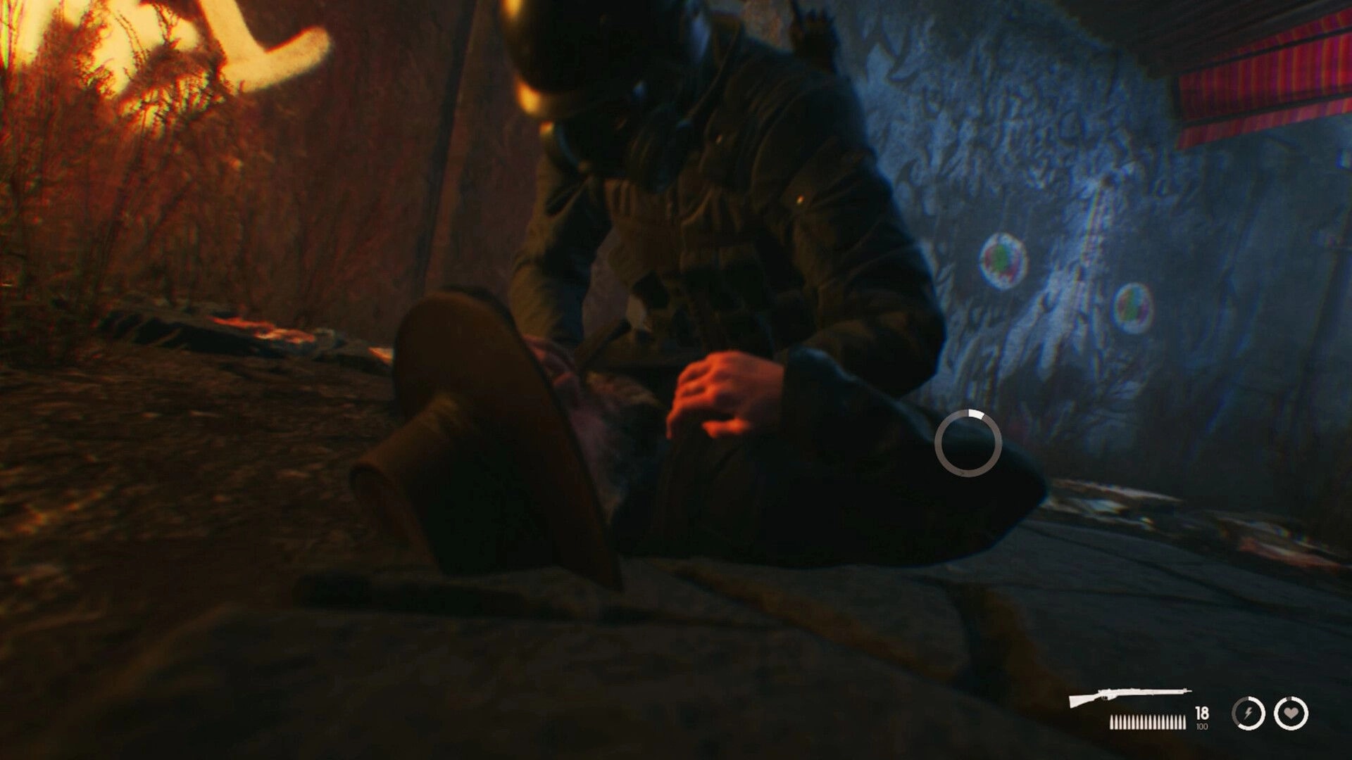 Nobody's Left: Soldier kneels over injured man in dark alley with weapon HUD and graffiti on walls