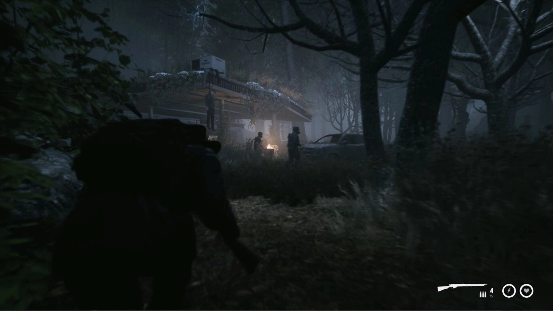 Nobody's Left: Sneaking through dark forest towards cabin with armed enemies near campfire
