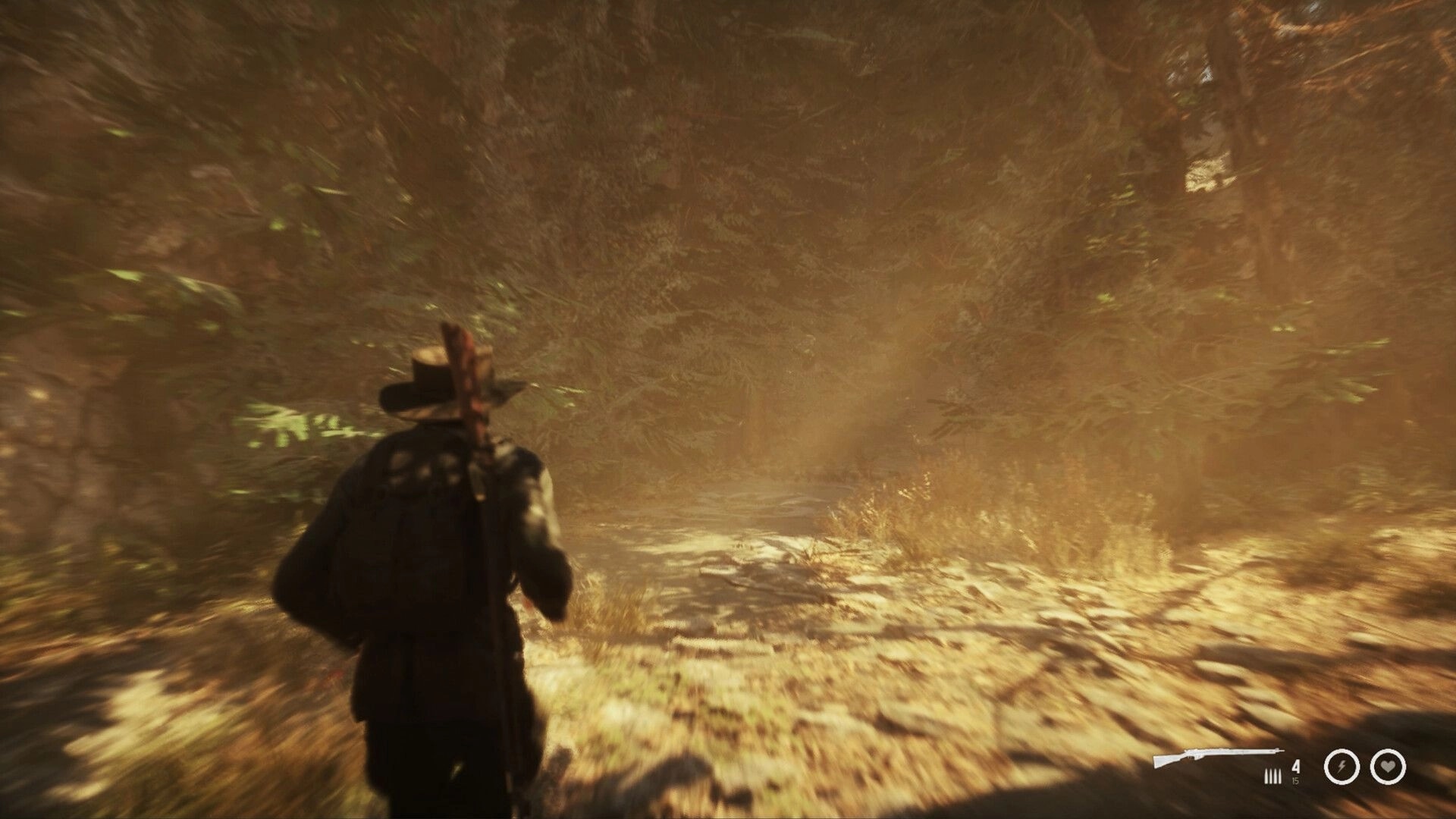 Nobody's Left: Lone survivor exploring dense forest with rifle, ammo count visible in bottom corner.