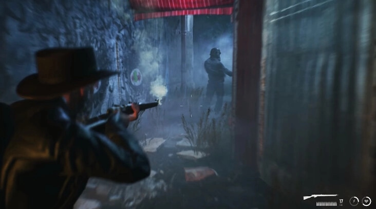 Nobody's Left: Player aiming rifle at enemy in foggy alleyway, UI shows ammo count and weapon icon