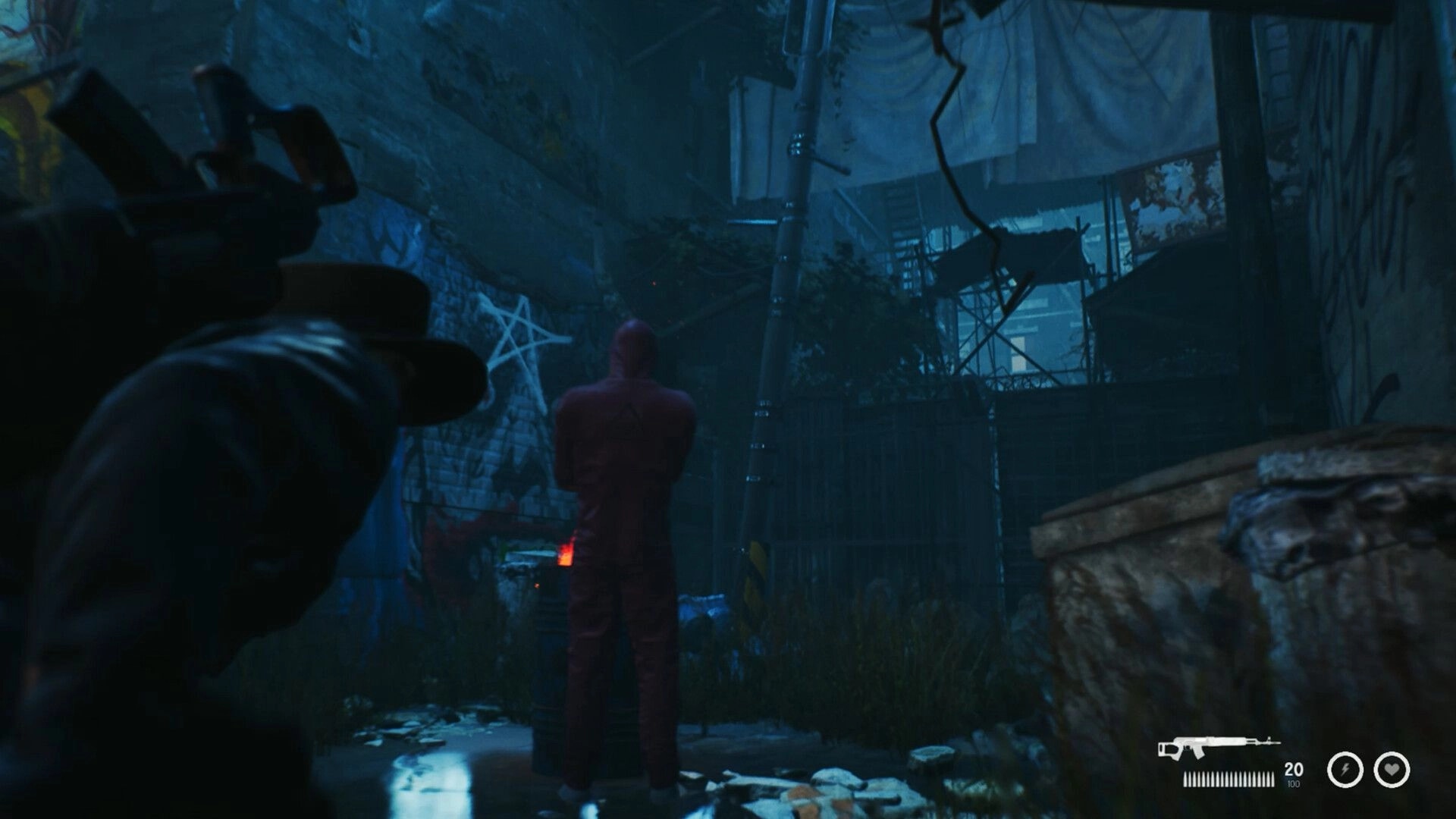 Nobody's Left: Player aims at red-clad figure in dark alley with graffiti and weapon HUD visible