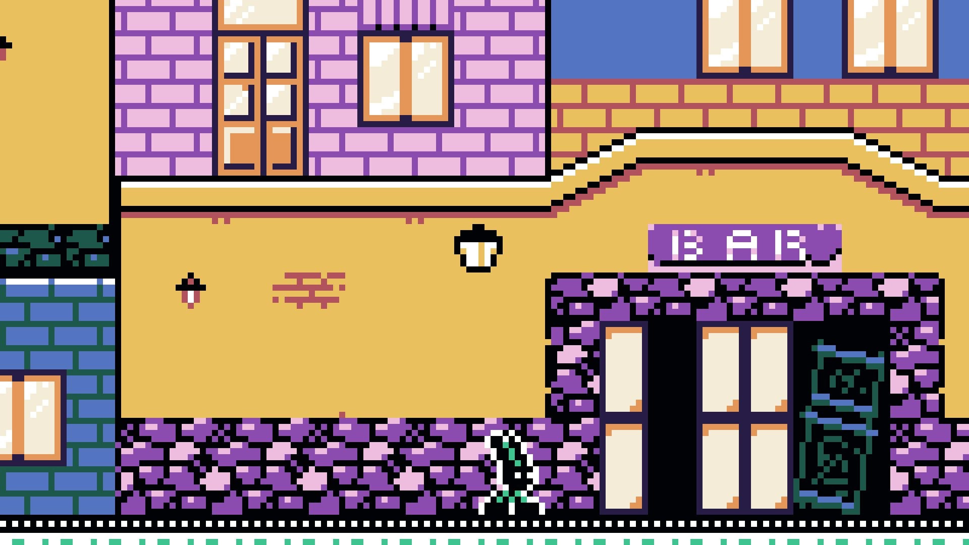 Noctambulo: Bennie walks past a vibrant bar entrance in a colorful pixelated town street scene.