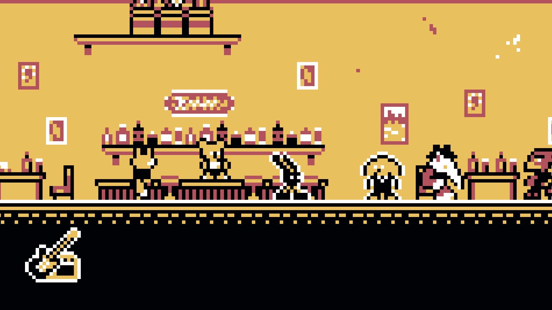 Noctambulo: Bennie explores a vibrant bar with patrons and bottles, guitar icon in the interface below.