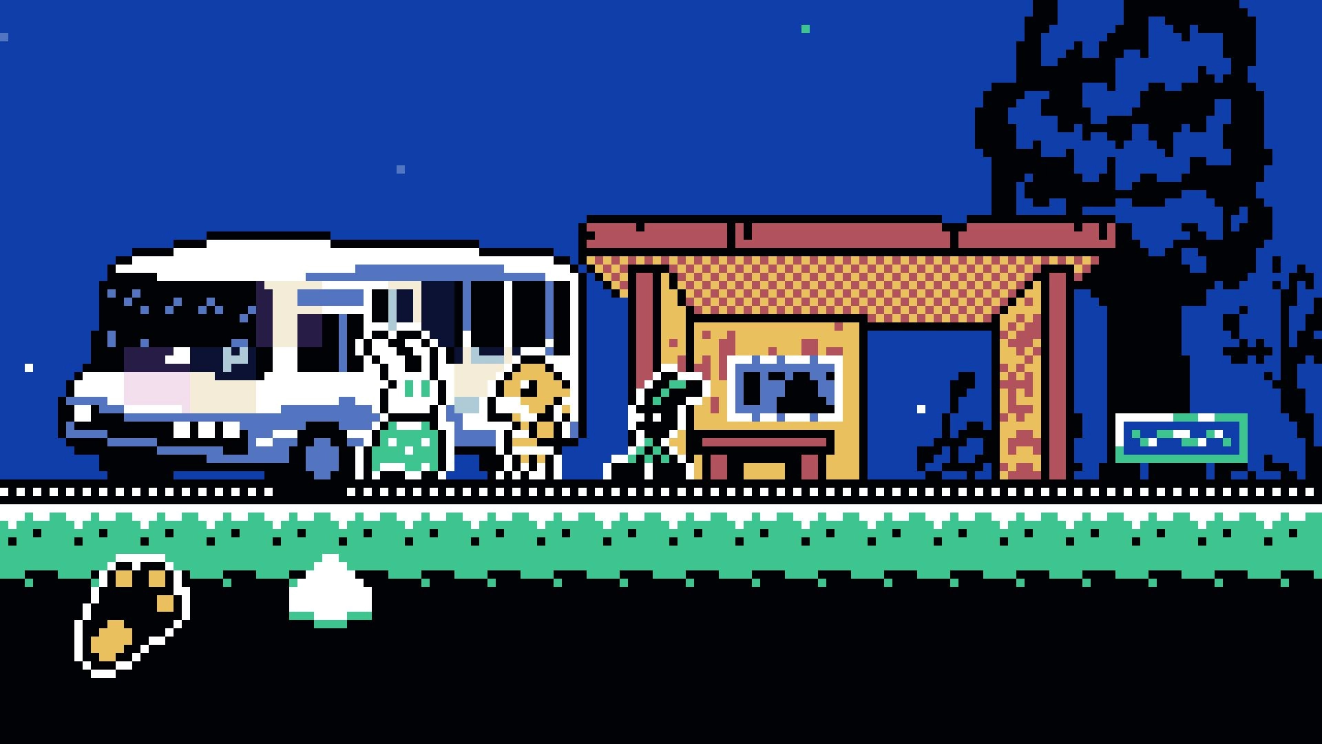 Noctambulo: Bennie waits at the bus stop near a small shelter under a dark night sky with stars.