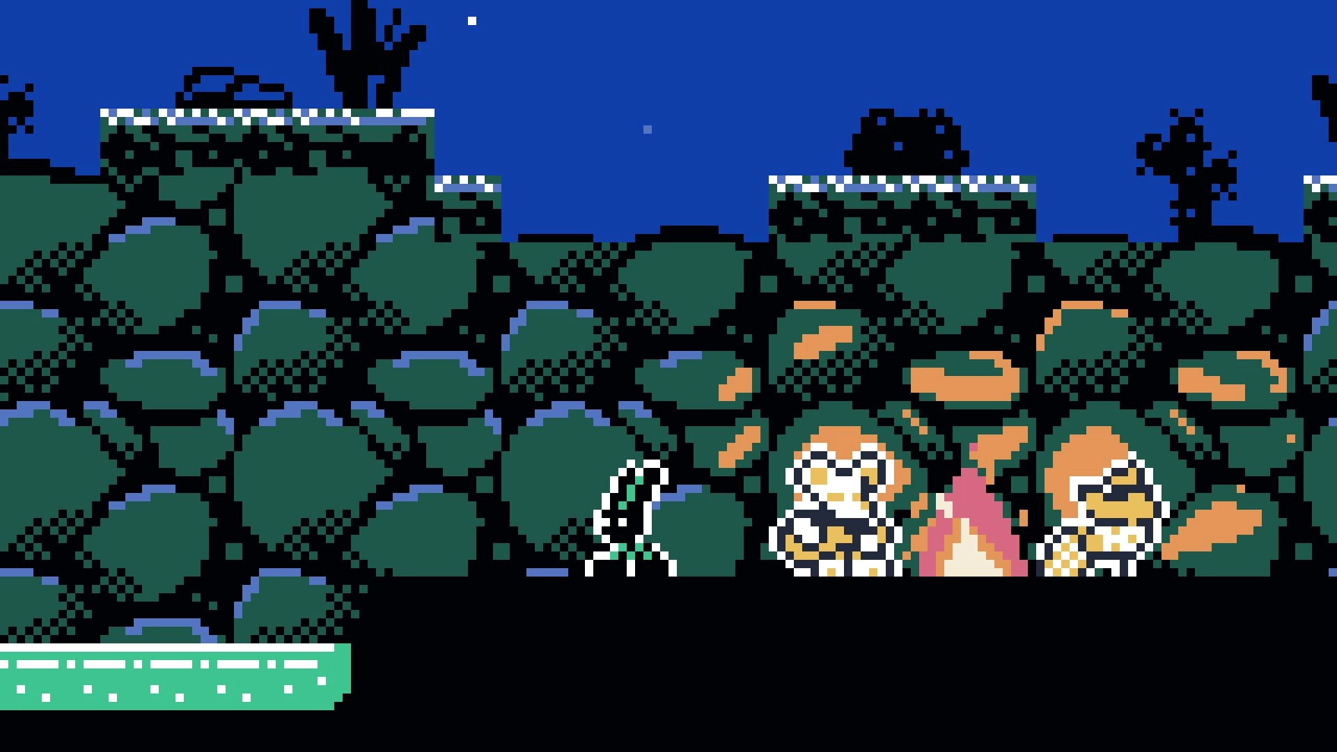 Noctambulo: Bennie approaches two characters by a campfire in a rocky, pixelated night landscape.