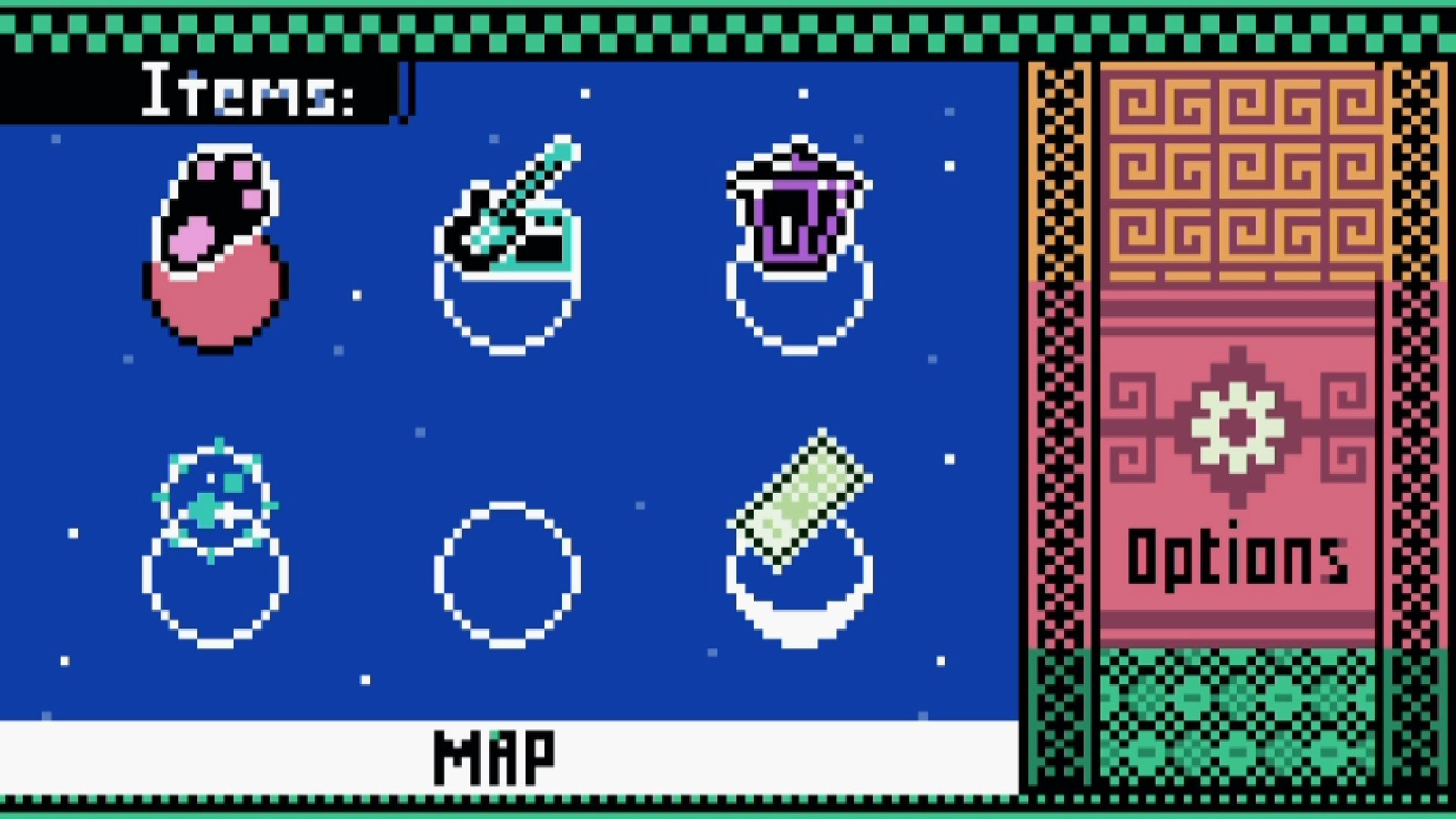 Noctambulo: Inventory screen showing four item icons and options menu in a pixel art style interface