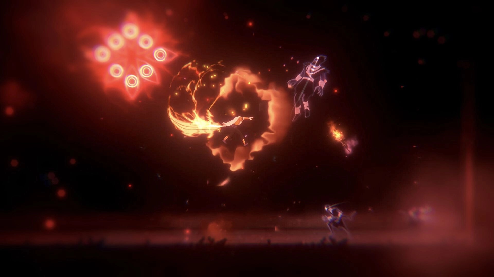 Nocturnal 2: Flaming sword combat in dark cavern with glowing enemies and fiery effects