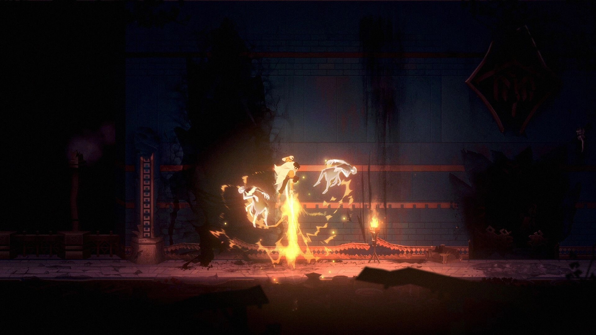 Nocturnal 2: Character ignites sword, fights ghostly foes in dimly lit ancient temple corridor.