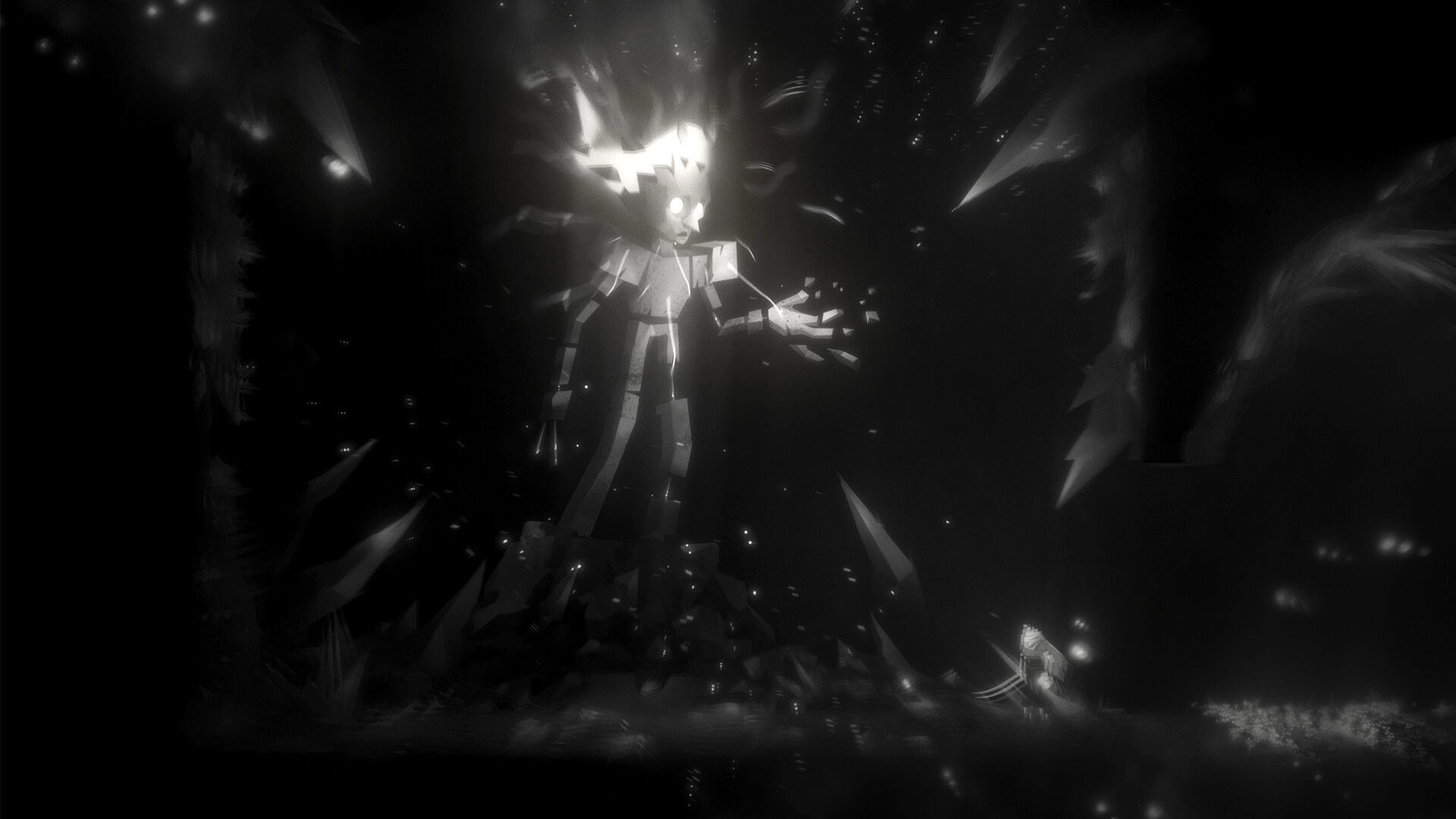 Nocturnal 2: Player confronts a glowing giant stone figure in a dark cavern filled with sharp crystals.