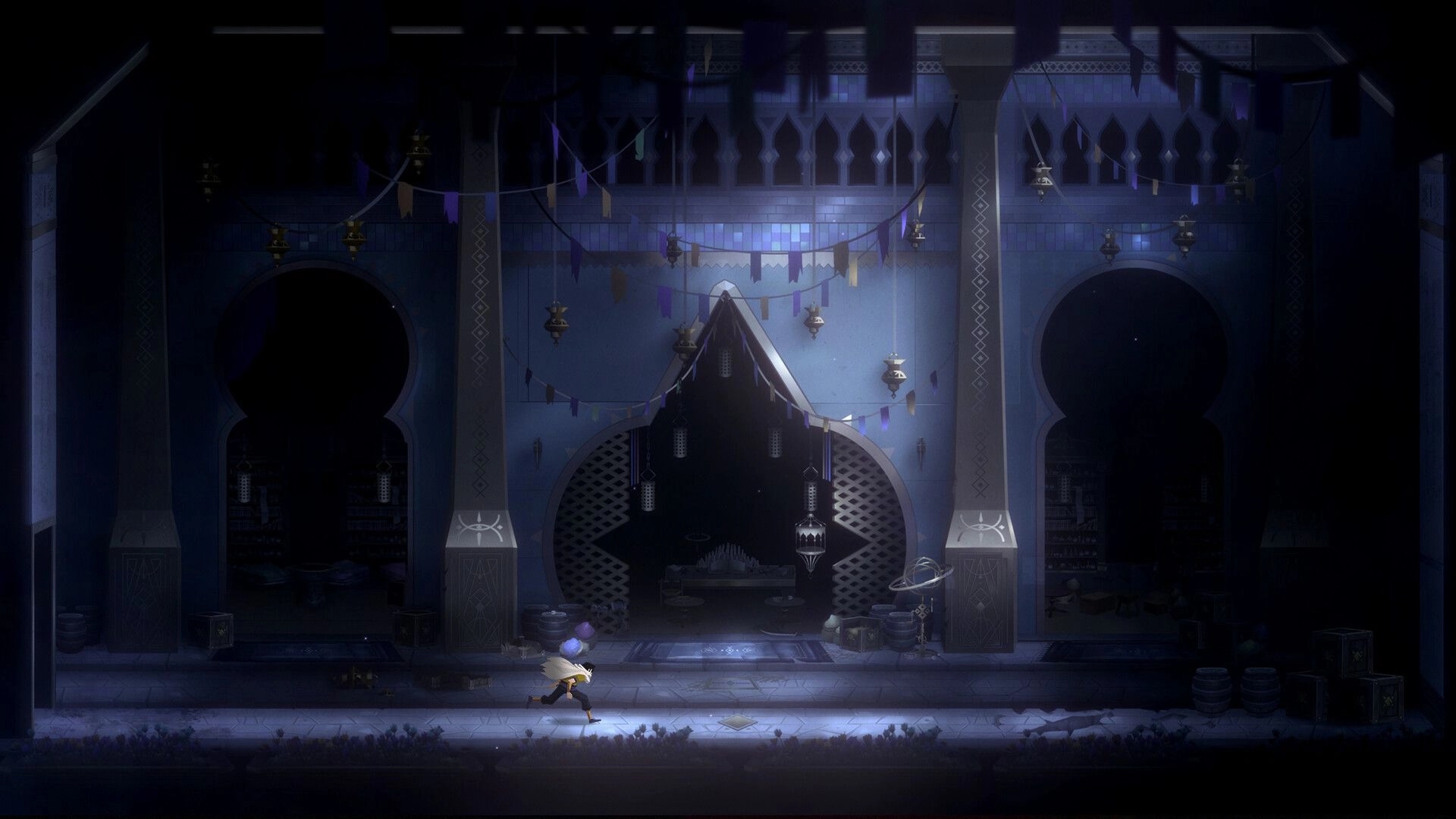 Nocturnal 2: Character runs through dimly lit ancient hall with ornate arches and hanging lanterns.