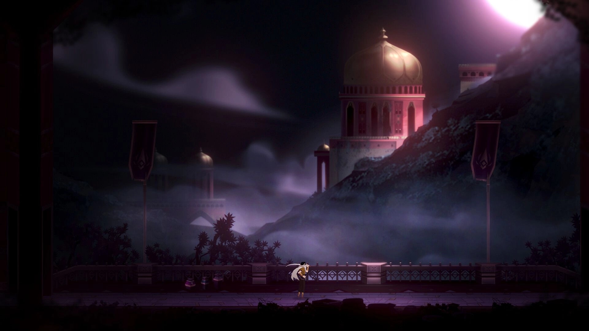 Nocturnal 2: Character stands on misty bridge with ancient domed structures in the background