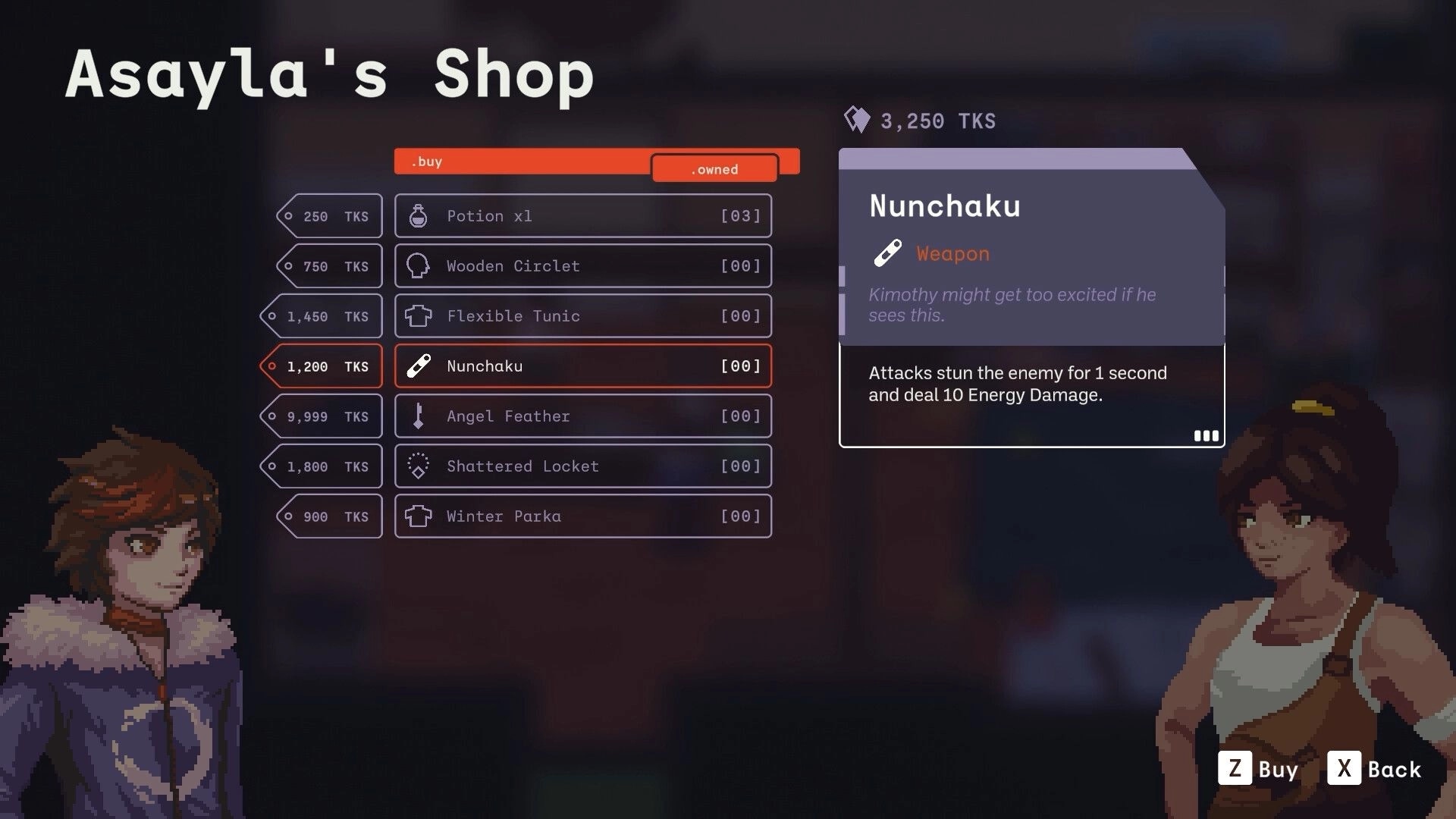 Nocturne: Asayla's Shop buy menu selecting Nunchaku weapon with stats panel in pixel shop UI.