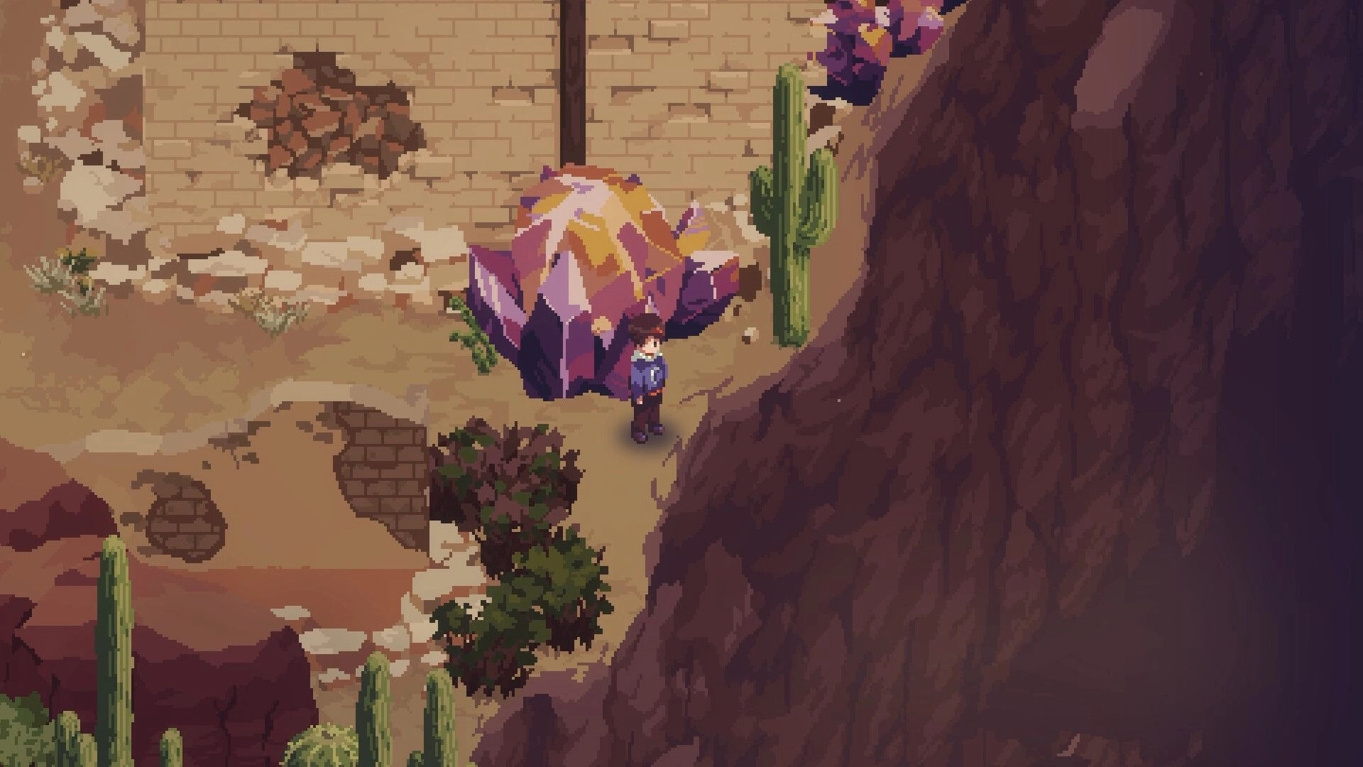 Nocturne: Player character stands by a crystal in a desert canyon with cacti and crumbling wall ruins.