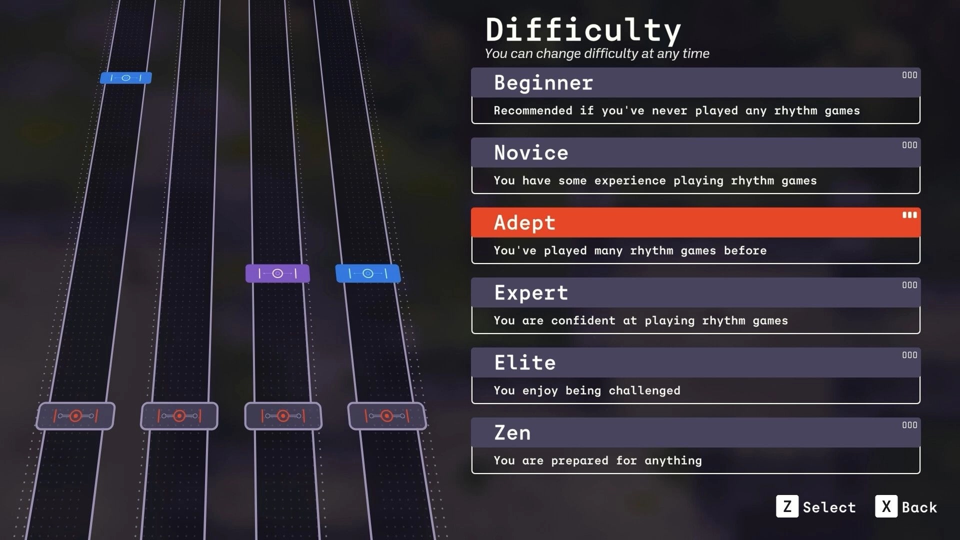 Nocturne: Difficulty selection menu with Adept highlighted over a rhythm note lane background.