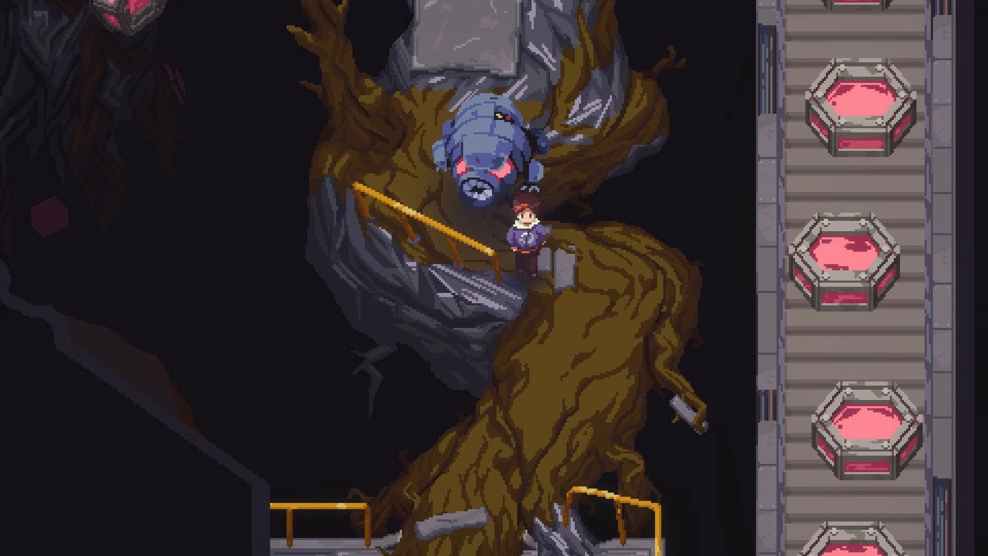 Nocturne: Pixel hero stands by a huge masked figure and twisted tree roots in a dark lab corridor.