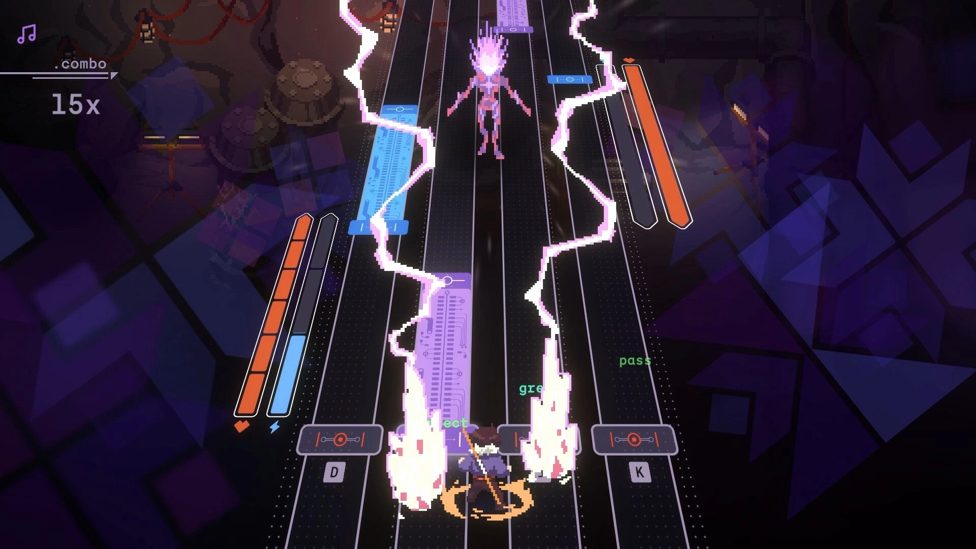 Nocturne: Rhythm battle lanes with combo 15x and health bars, hero duels glitchy foe in neon void.