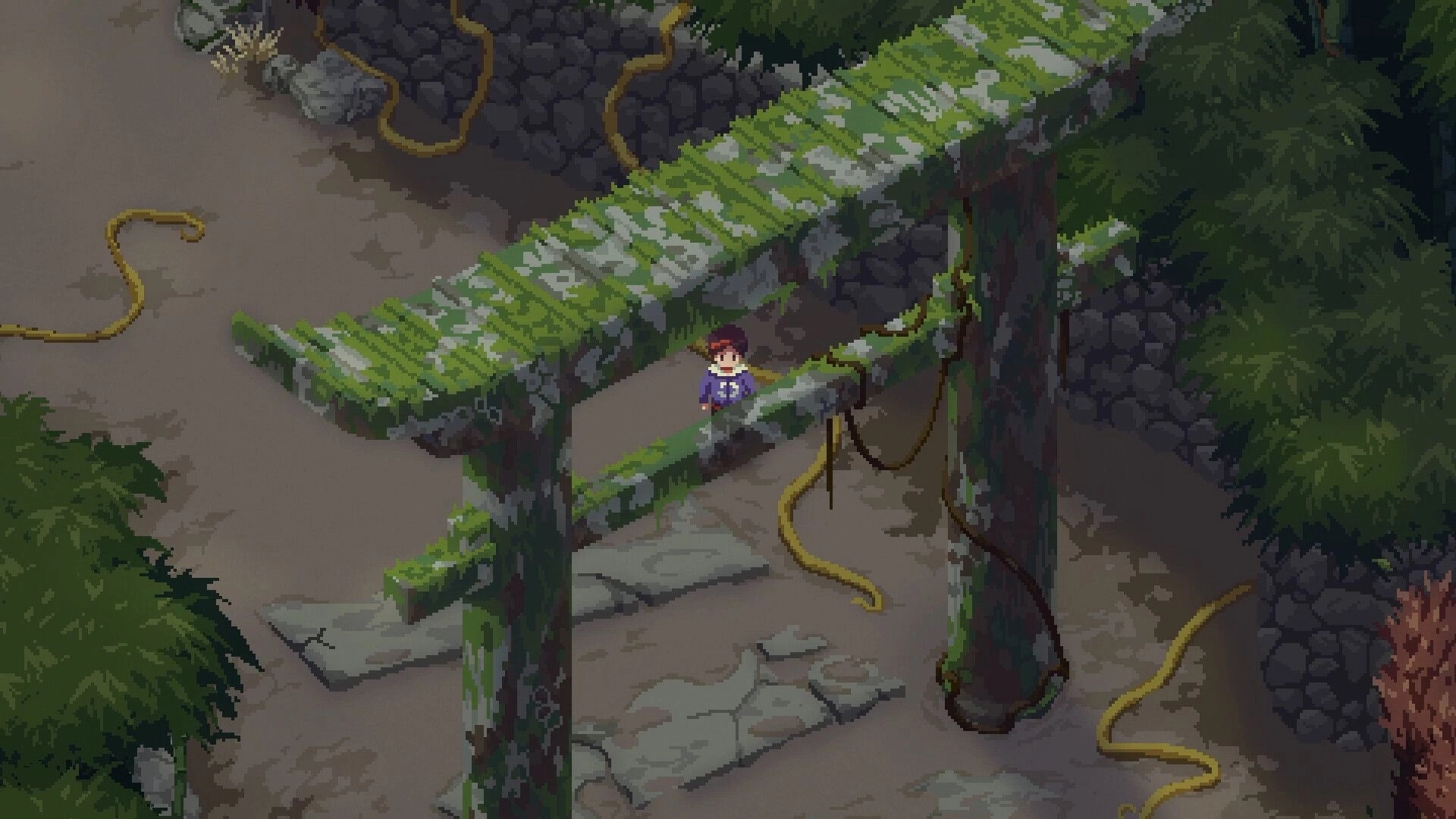 Nocturne: Pixel hero stands on cracked stone path beside mossy ruins and vines in a forest corridor.