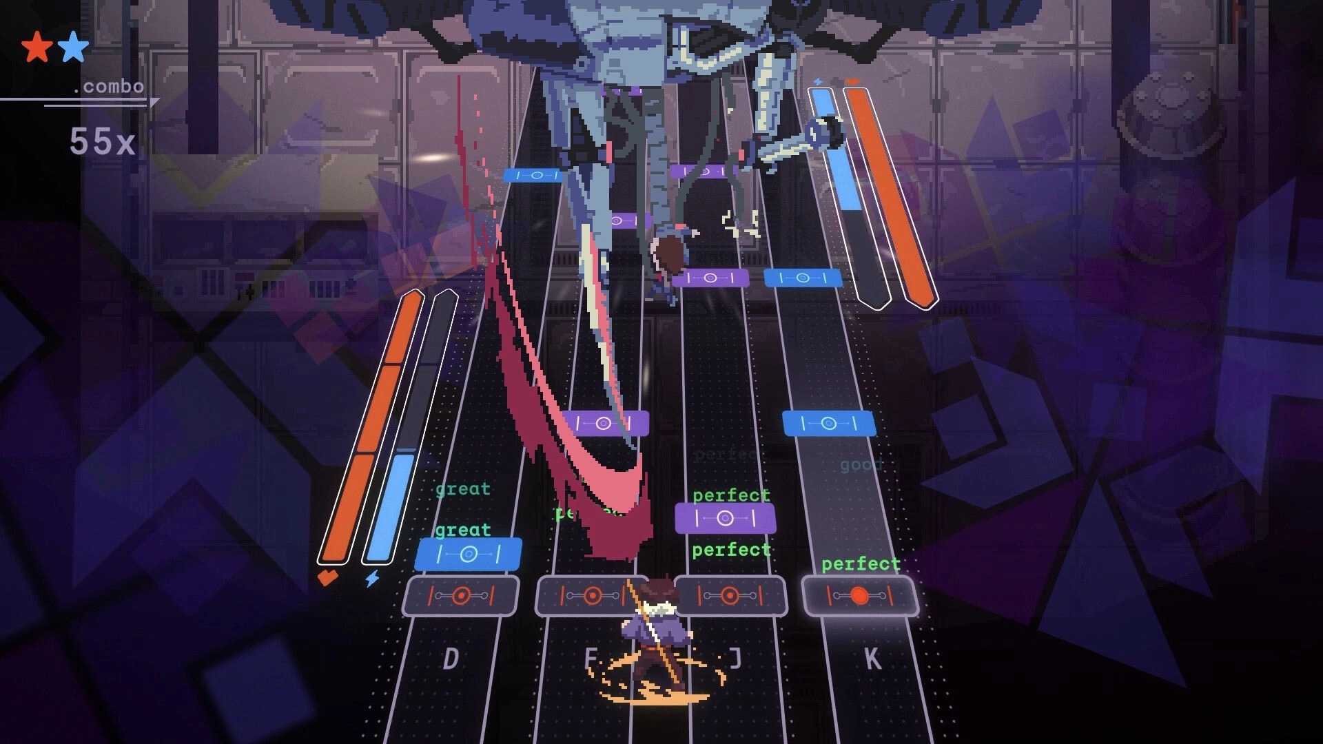 Nocturne: Rhythm combat lanes with perfect hits and 55x combo battling a towering mech in neon grid arena.