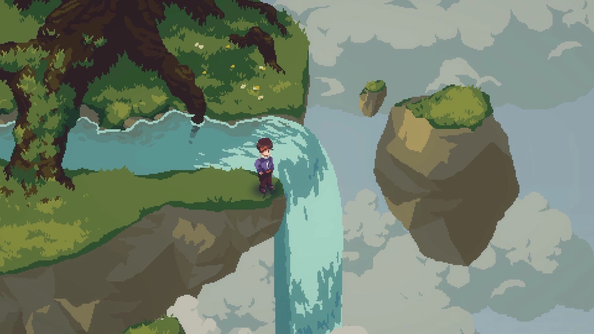 Nocturne: Pixel hero stands by a waterfall edge on a floating grassy cliff above clouds and isles.
