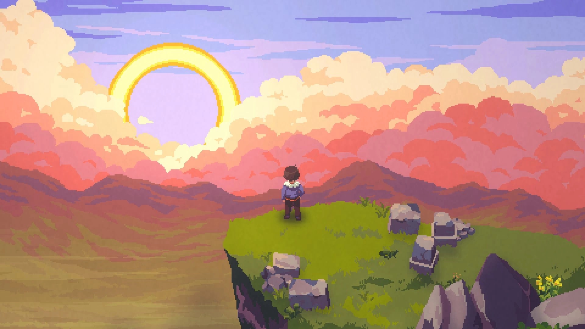 Nocturne: Lone character stands on grassy cliff edge facing a glowing ring sun above clouds.