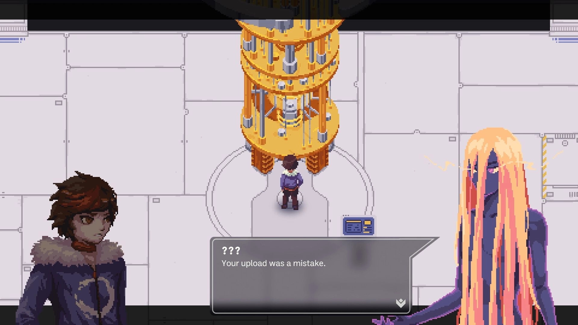 Nocturne: Dialogue scene with two portraits and text box in a lab room beside a gold machine tower.