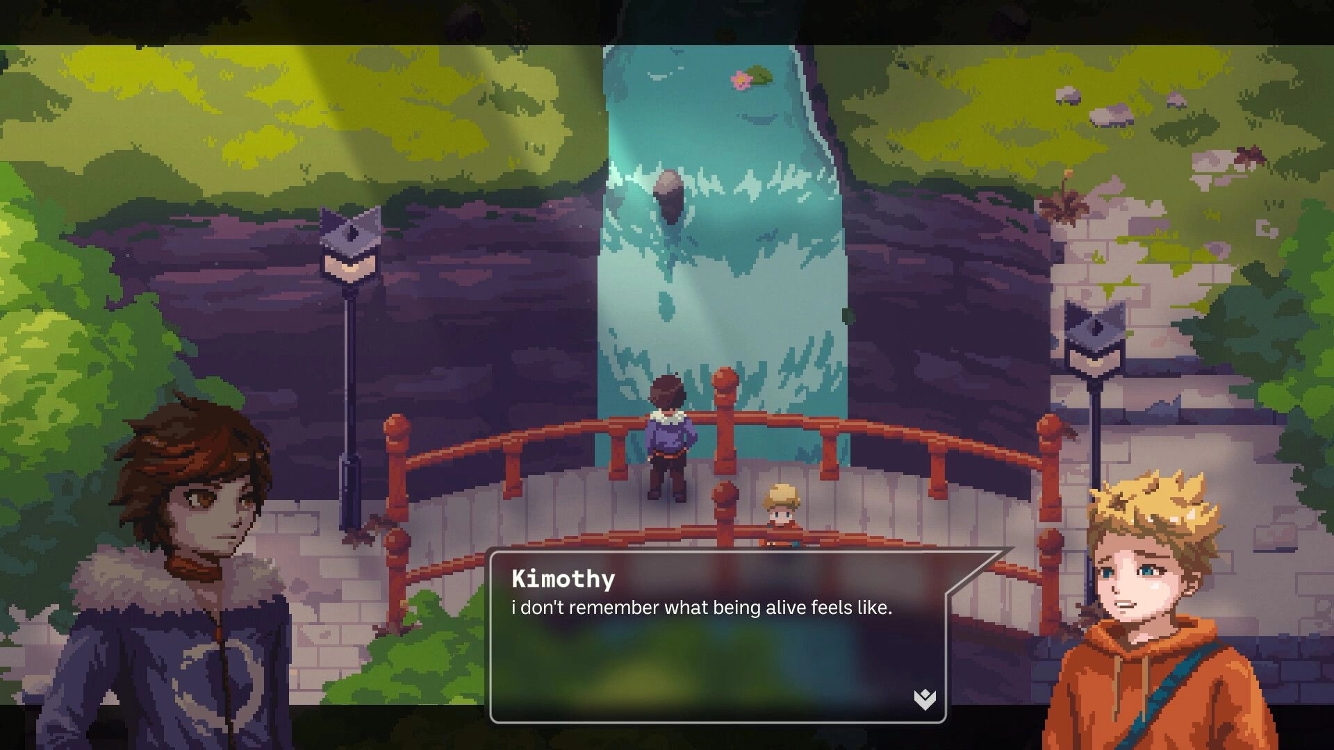 Nocturne: Dialogue with Kimothy on a bridge over a waterfall, character portraits and text box UI.
