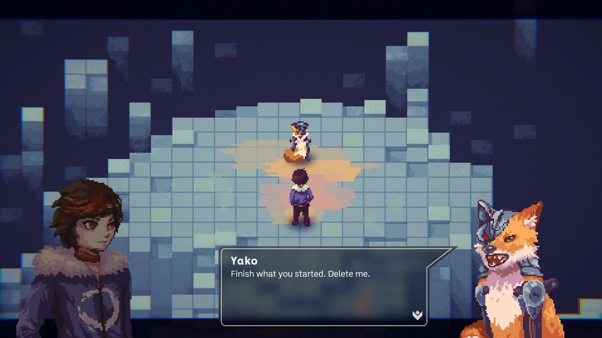 Nocturne: Dialogue with Yako the armored fox facing the player on a tiled ruin platform.