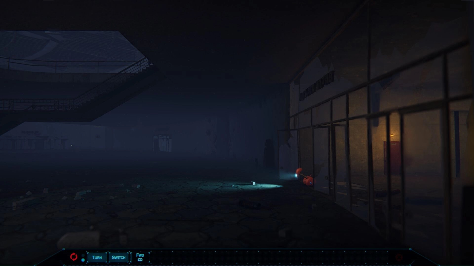 NODE: Robot exploring dimly lit corridor with debris, UI showing turn, switch, forward commands