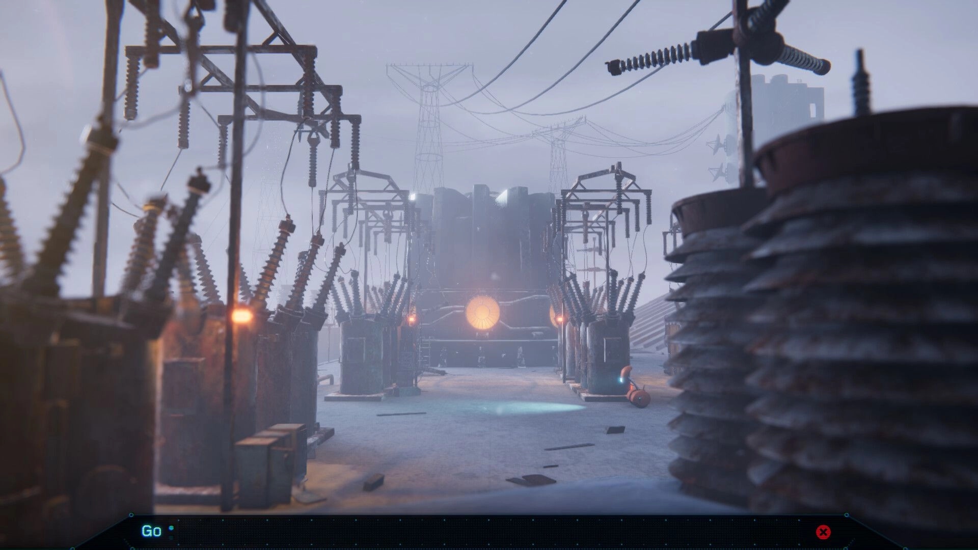 NODE: Industrial complex with electrical towers and control panel interface in a snowy, foggy environment.
