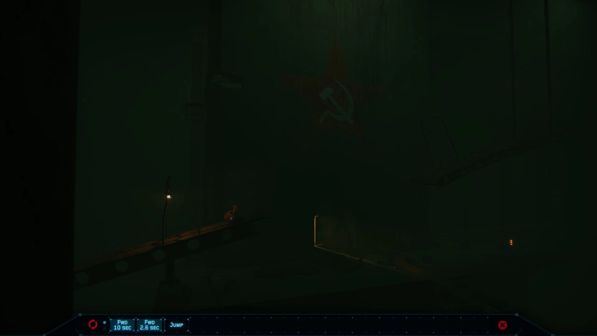 NODE: Robot navigating dimly lit platform in Soviet-themed nuclear complex with UI command options visible.