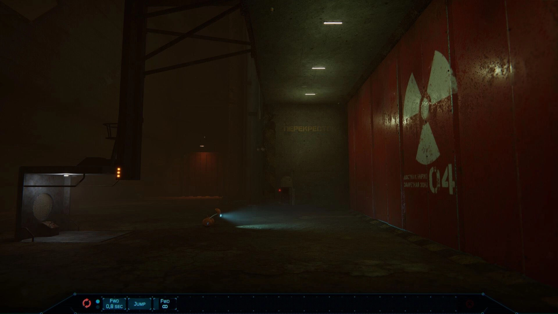 NODE: Robot exploring dimly lit corridor with red walls, radiation symbol, and timeline-based UI below
