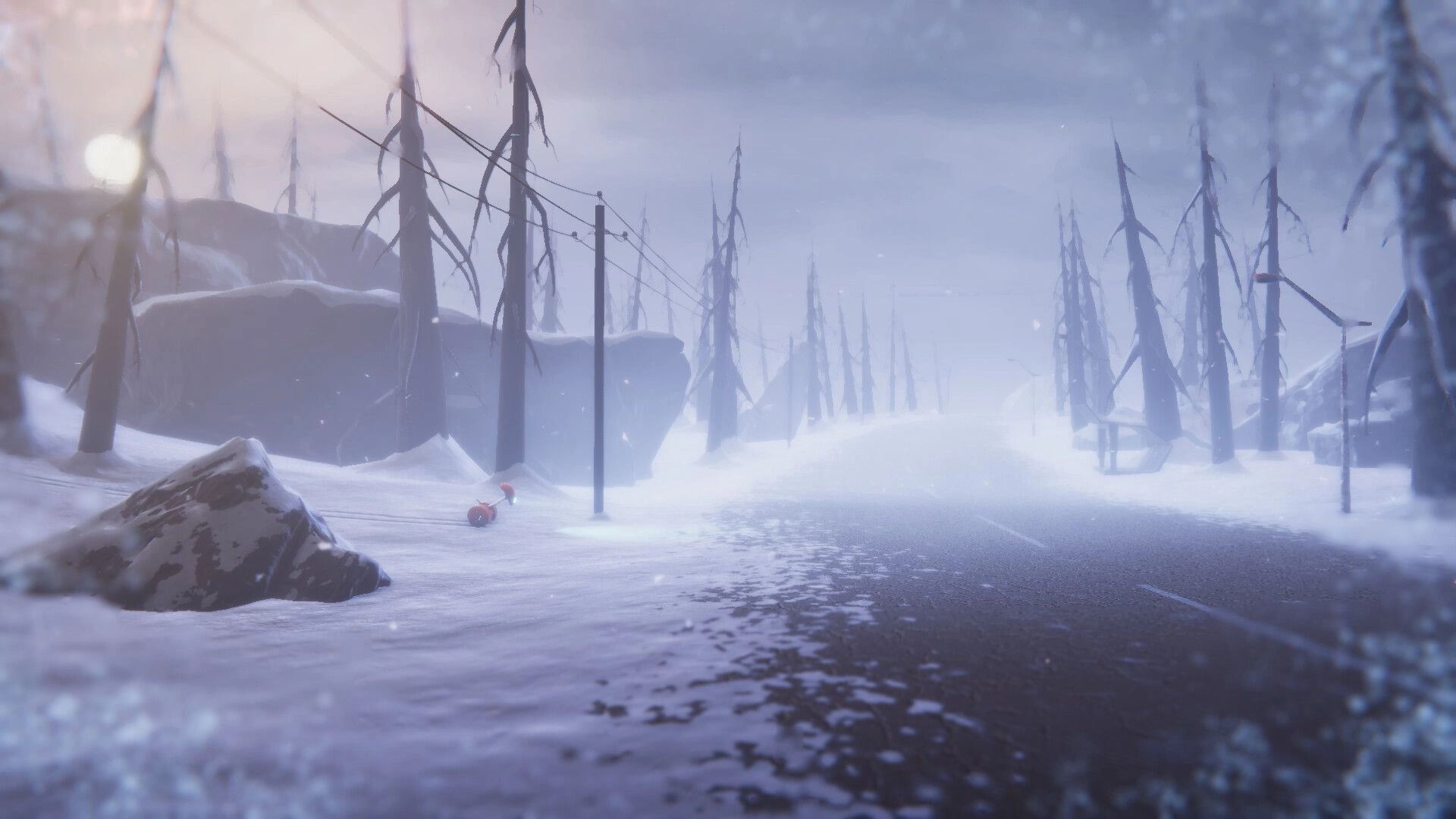 NODE: Robot on snowy road amidst barren trees and power lines in a desolate winter landscape