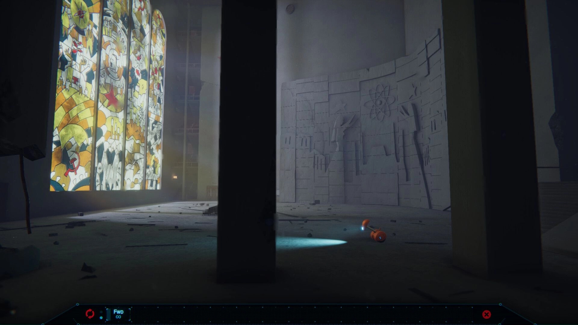 NODE: Robot navigating abandoned hall with stained glass window and timeline controls at bottom screen