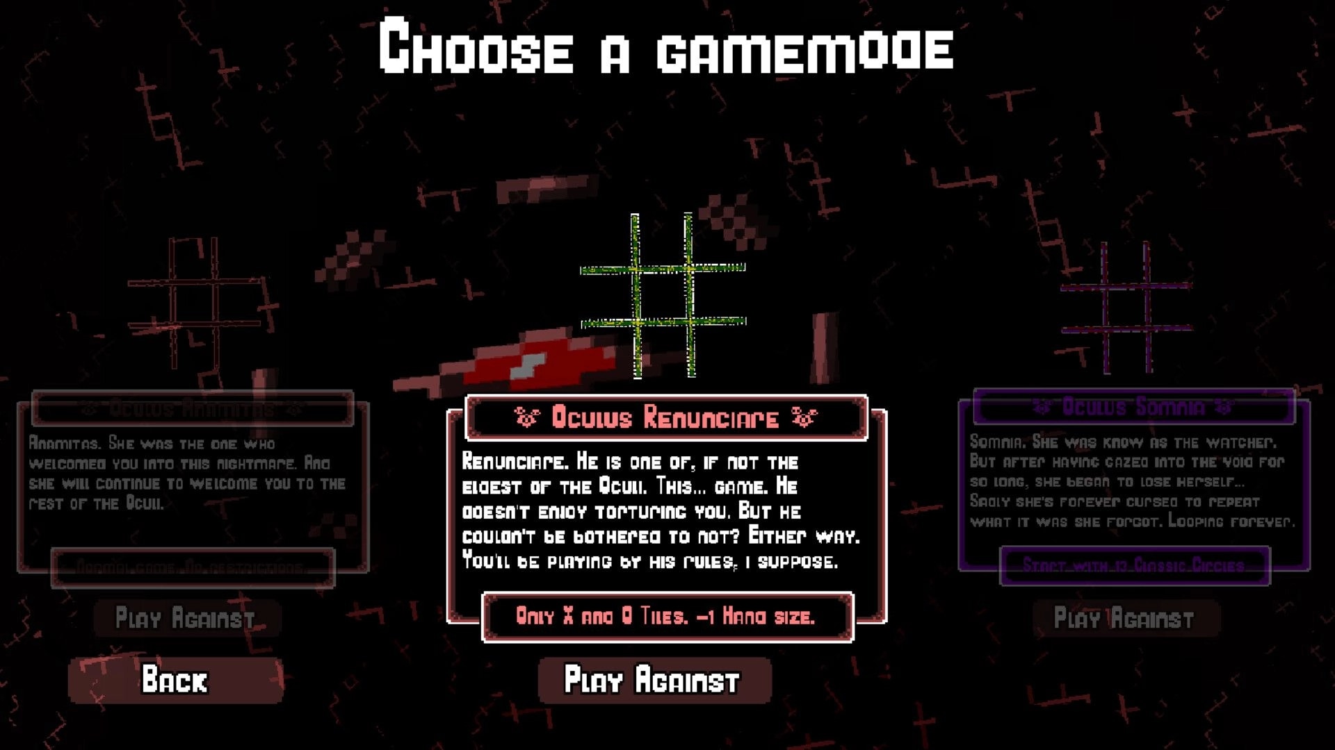 Nodosis: Gamemode selection screen with options for Oculus Renunciare and Oculus Somnia visible