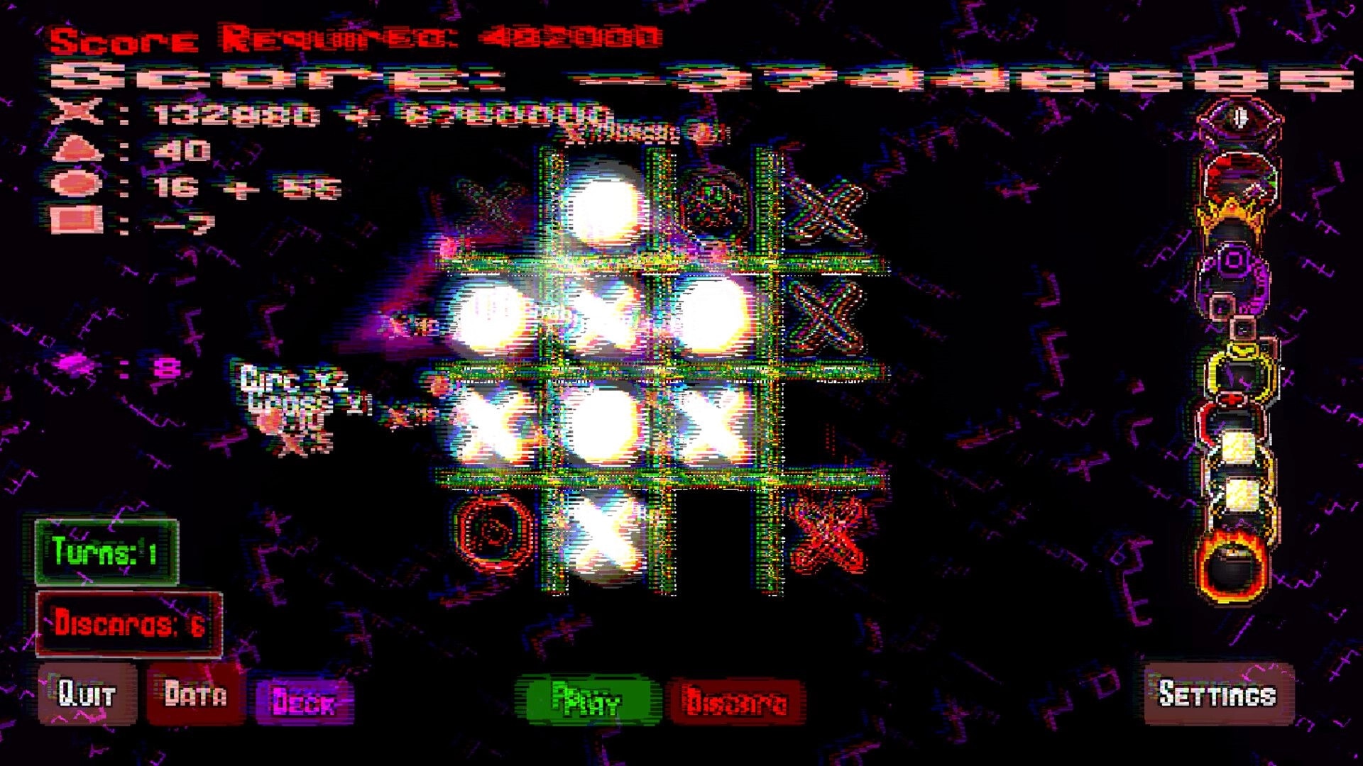 Nodosis: Tic-tac-toe grid with glowing symbols, score details, and colorful UI elements on screen.
