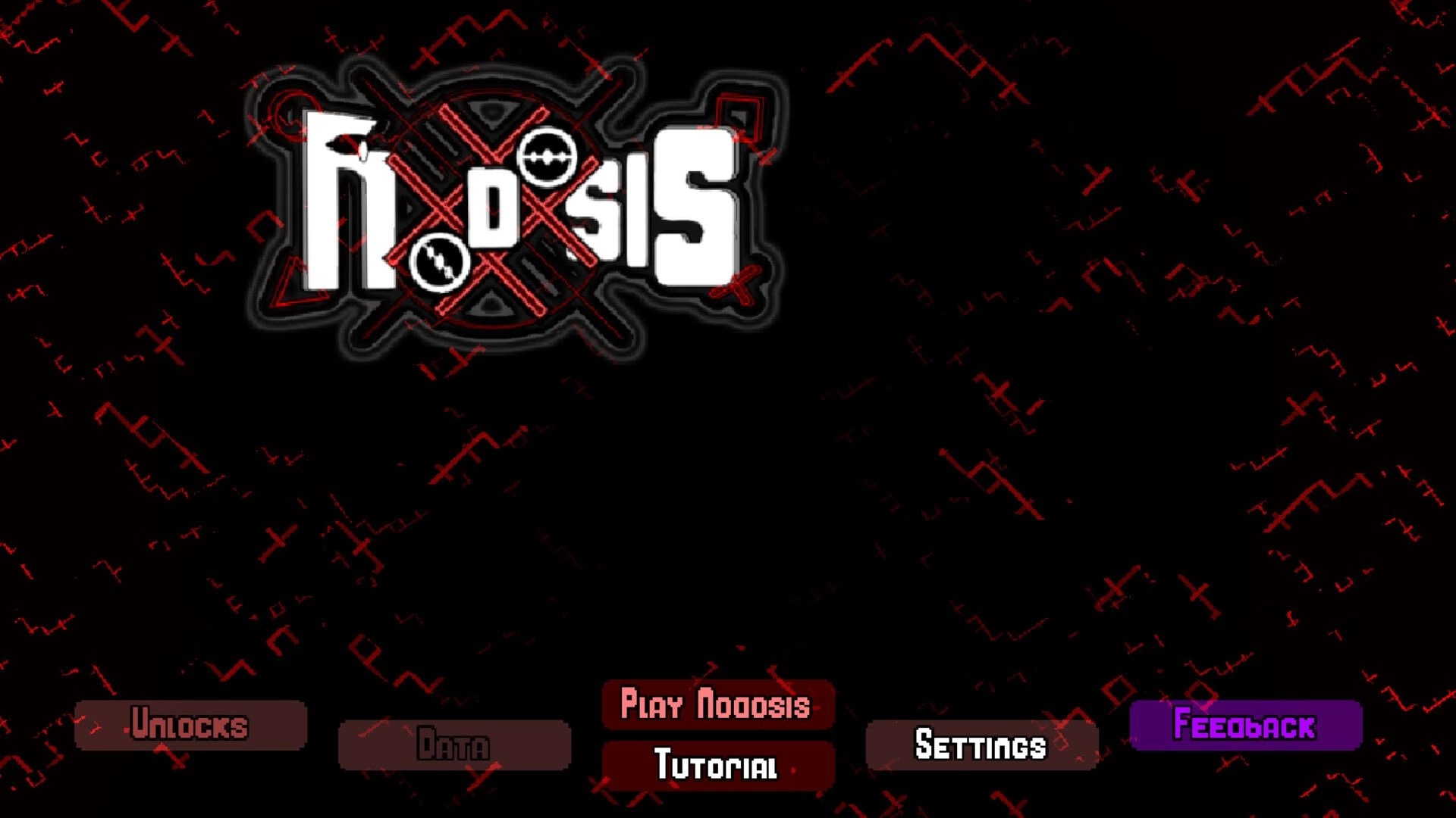 Nodosis: Main menu interface with options including Play, Tutorial, Settings, Unlocks, Data, and Feedback.