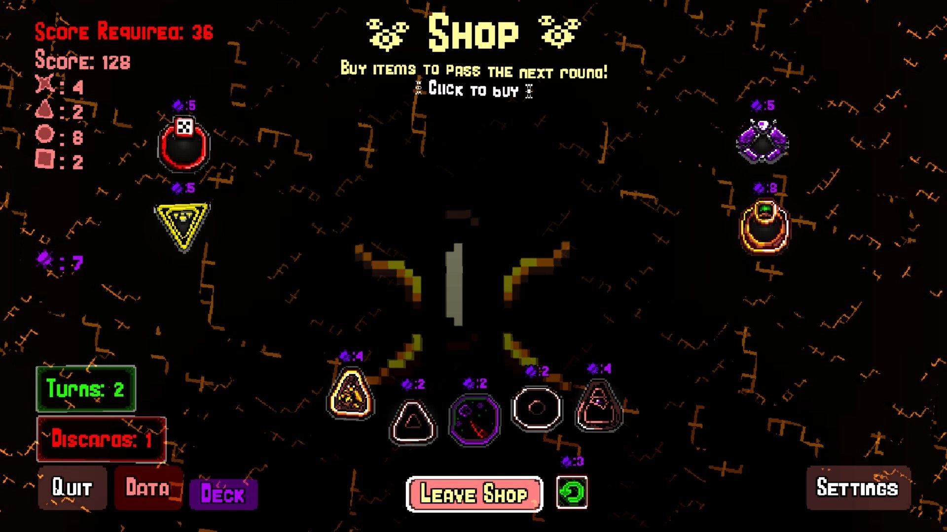 Nodosis: Shop interface with item selection and score details in a dark, patterned background setting.