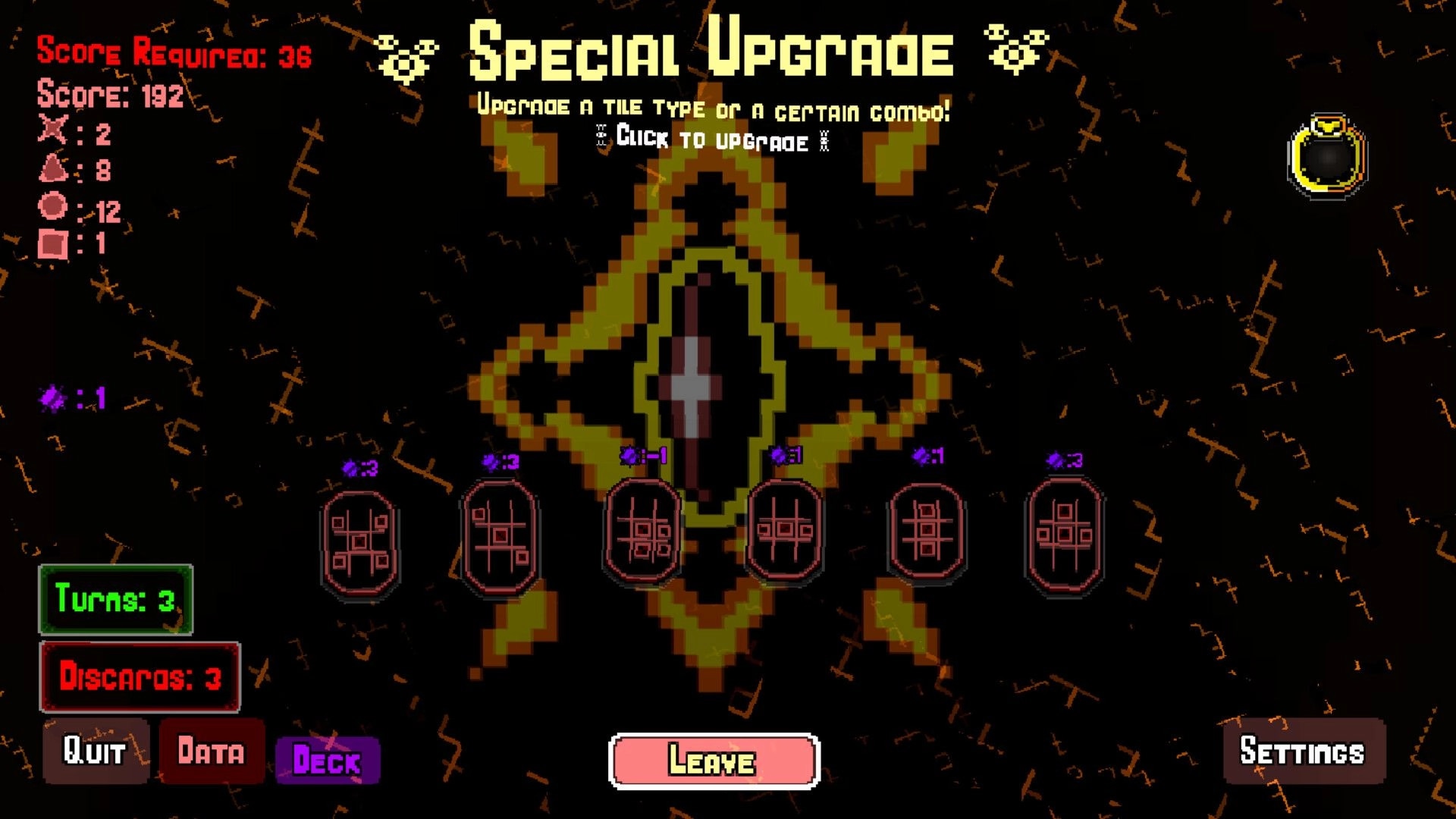 Nodosis: Special Upgrade menu with score details and tile upgrade options on a dark patterned background.