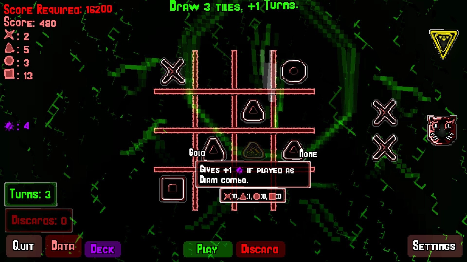 Nodosis: Tic-tac-toe grid with score info, tile synergies, and deck options in a digital interface